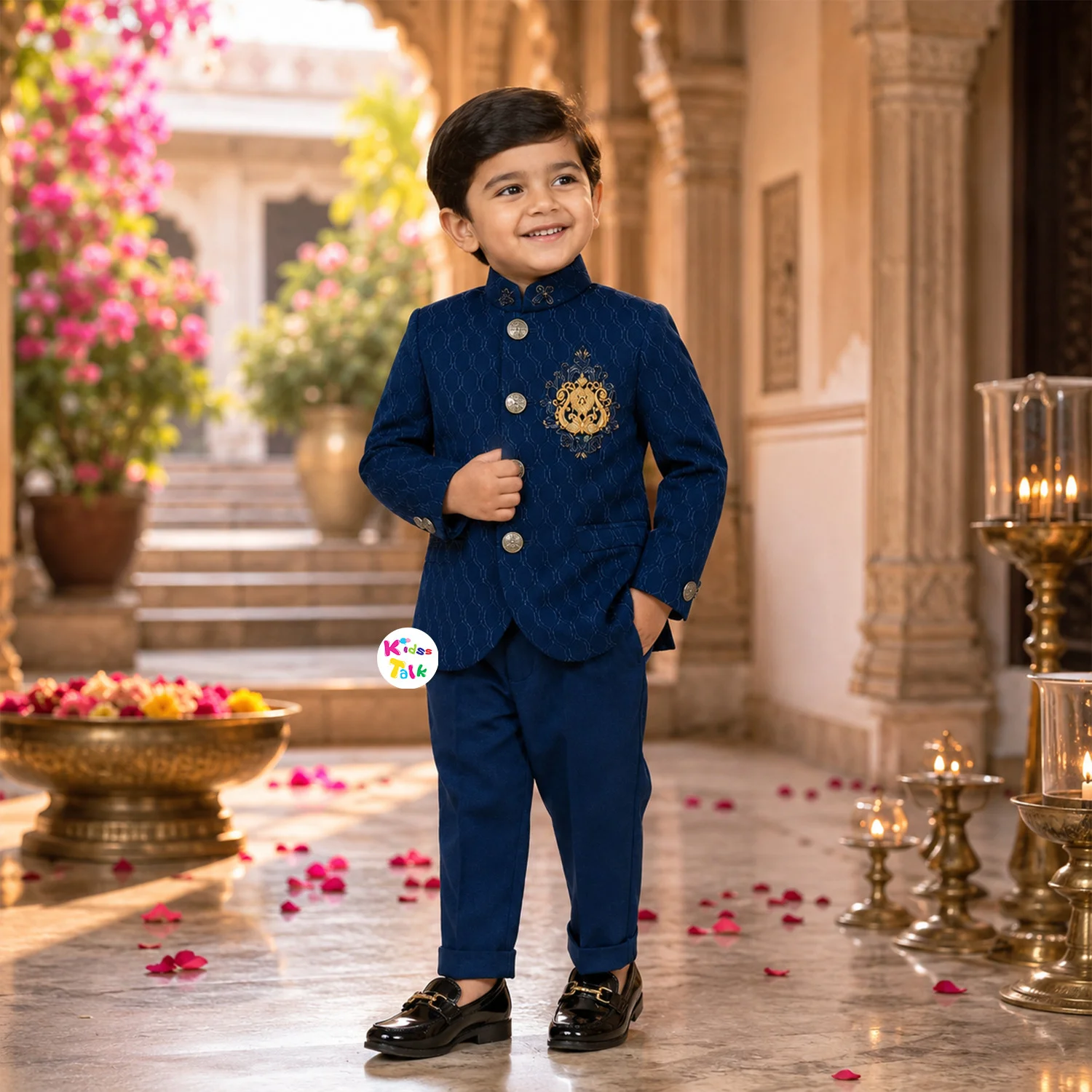 Poly Blend Full Sleeve Sherwani With Broach Work - Teal Blue