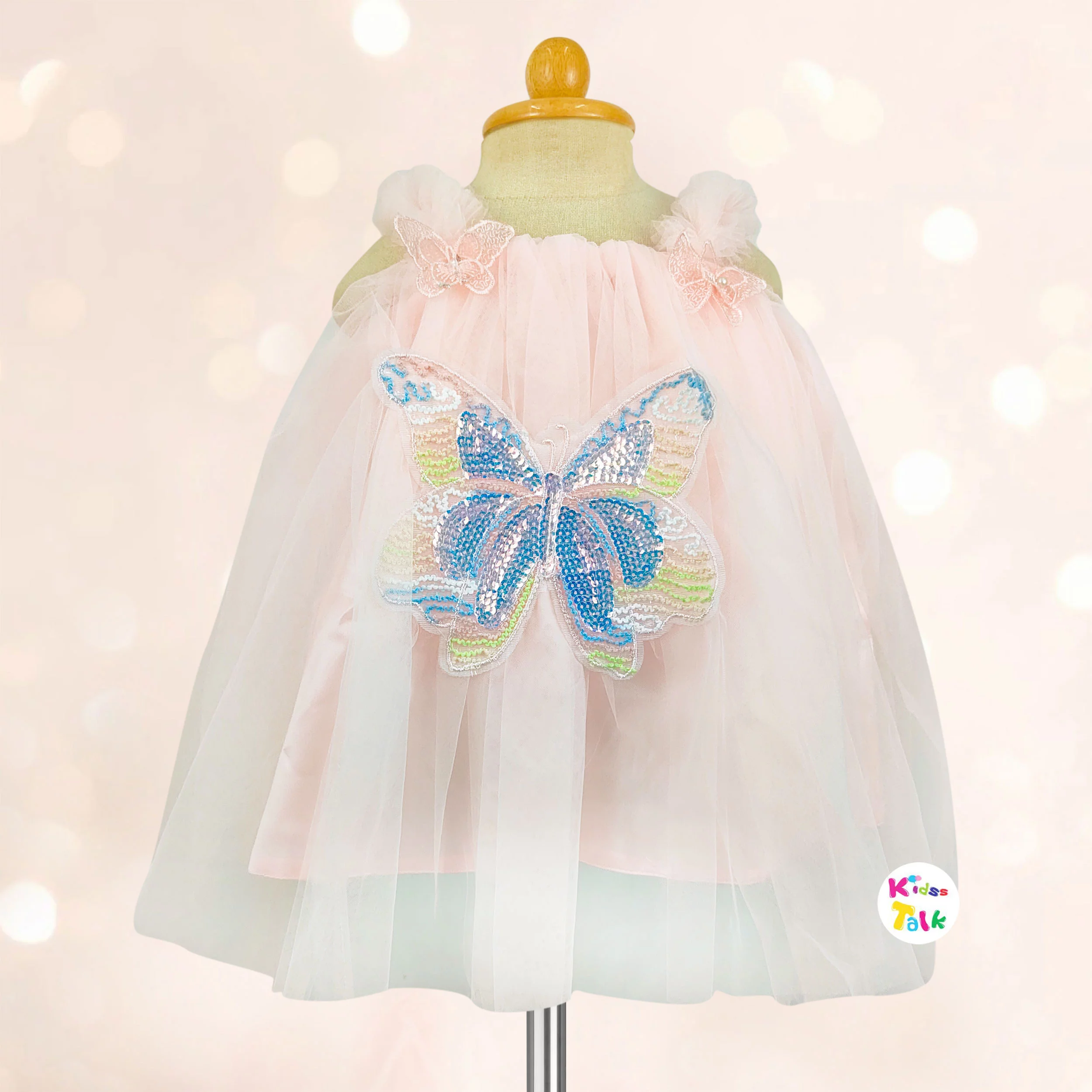 Net Sleeveless Party Frock With Butterfly- Peach