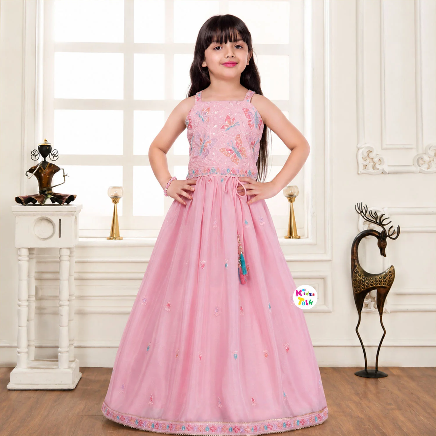 Satin Sleeveless Bead Work Choli With Lehenga & Dupatta - Baby Pink