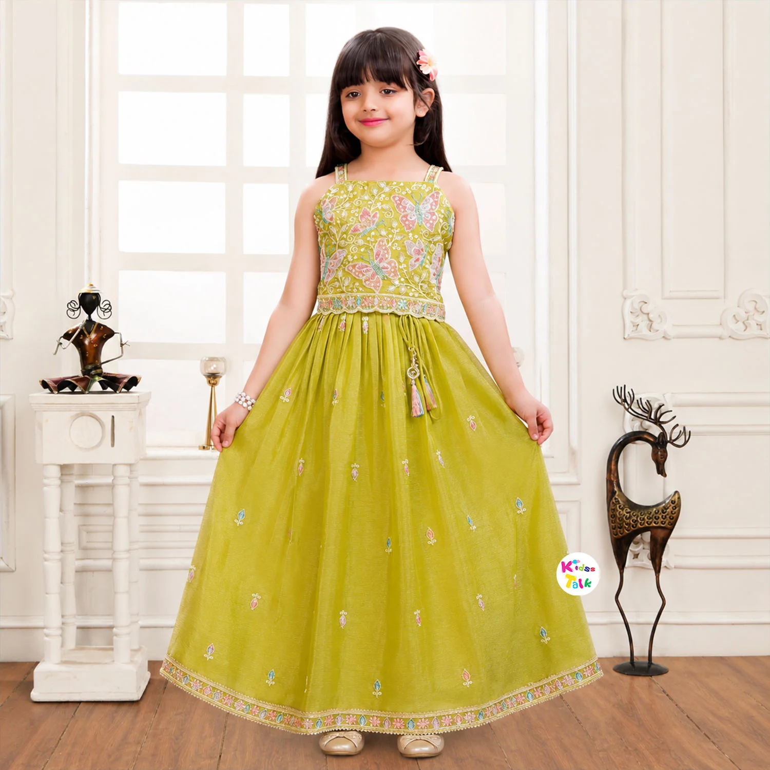Satin Sleeveless Bead Work Choli With Lehenga & Dupatta - Green