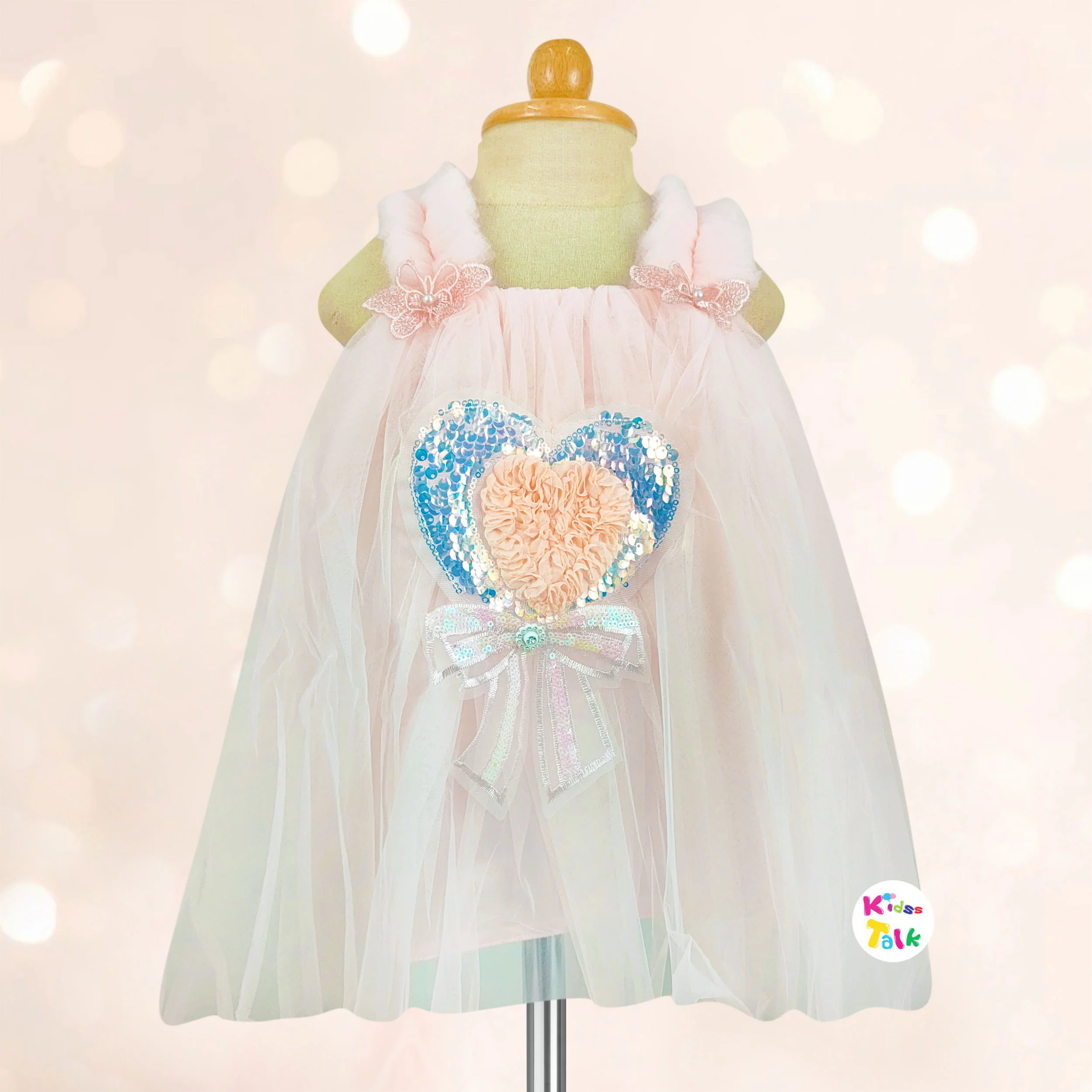 Net Sleeveless Party Frock With Flower- Peach