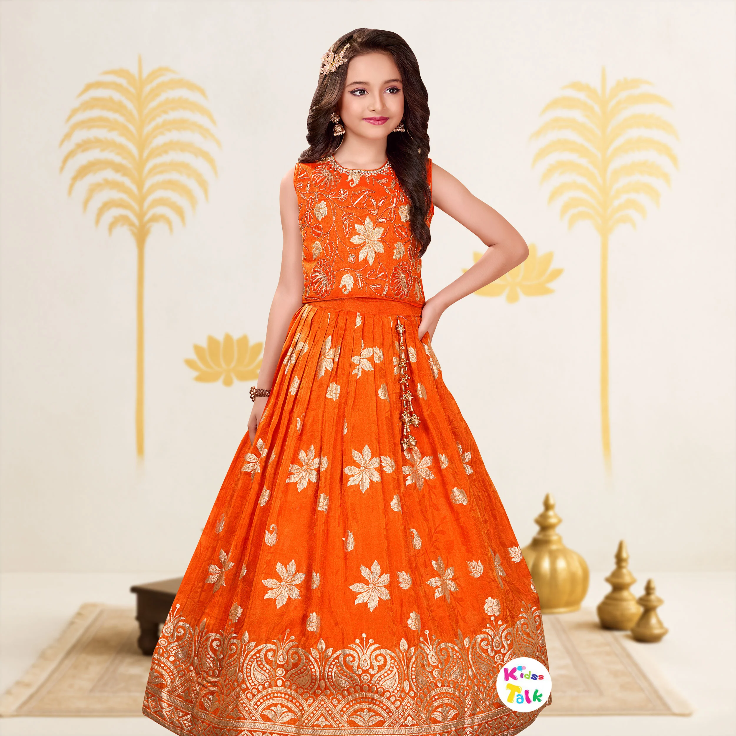 Silk Sleeveless Embroidered Work Choli With Lehenga & Dupatta - Orange
