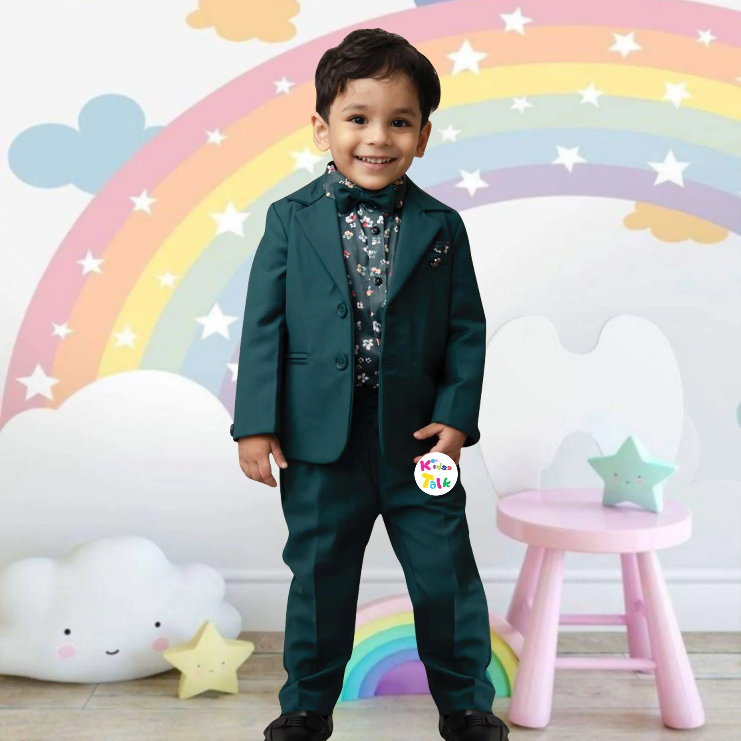 Royal Coat Set With Printed Shirt And Pant - Green