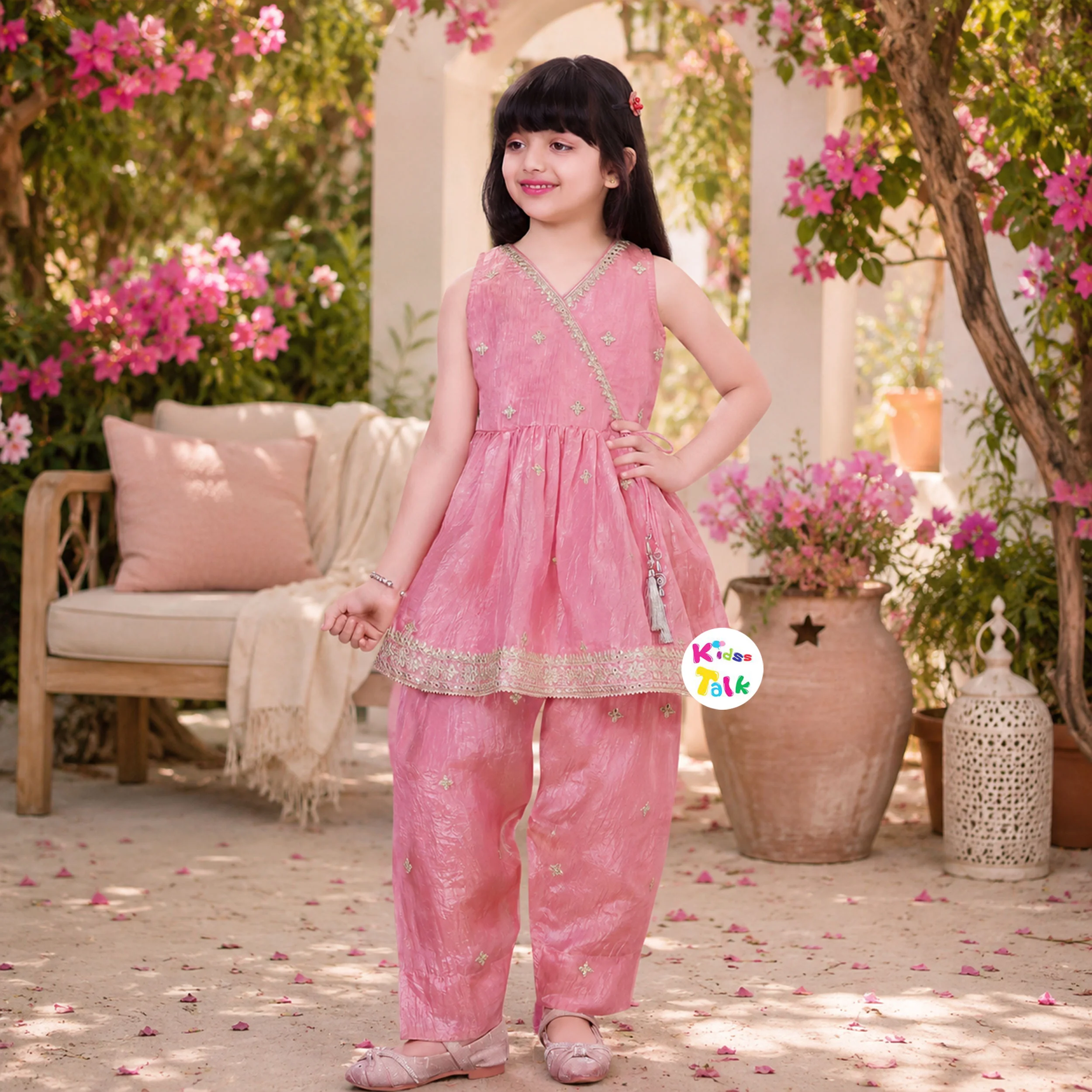 Tissue Sleeveless Zardhosi Kurta With Dhoti & Dupatta - Peach