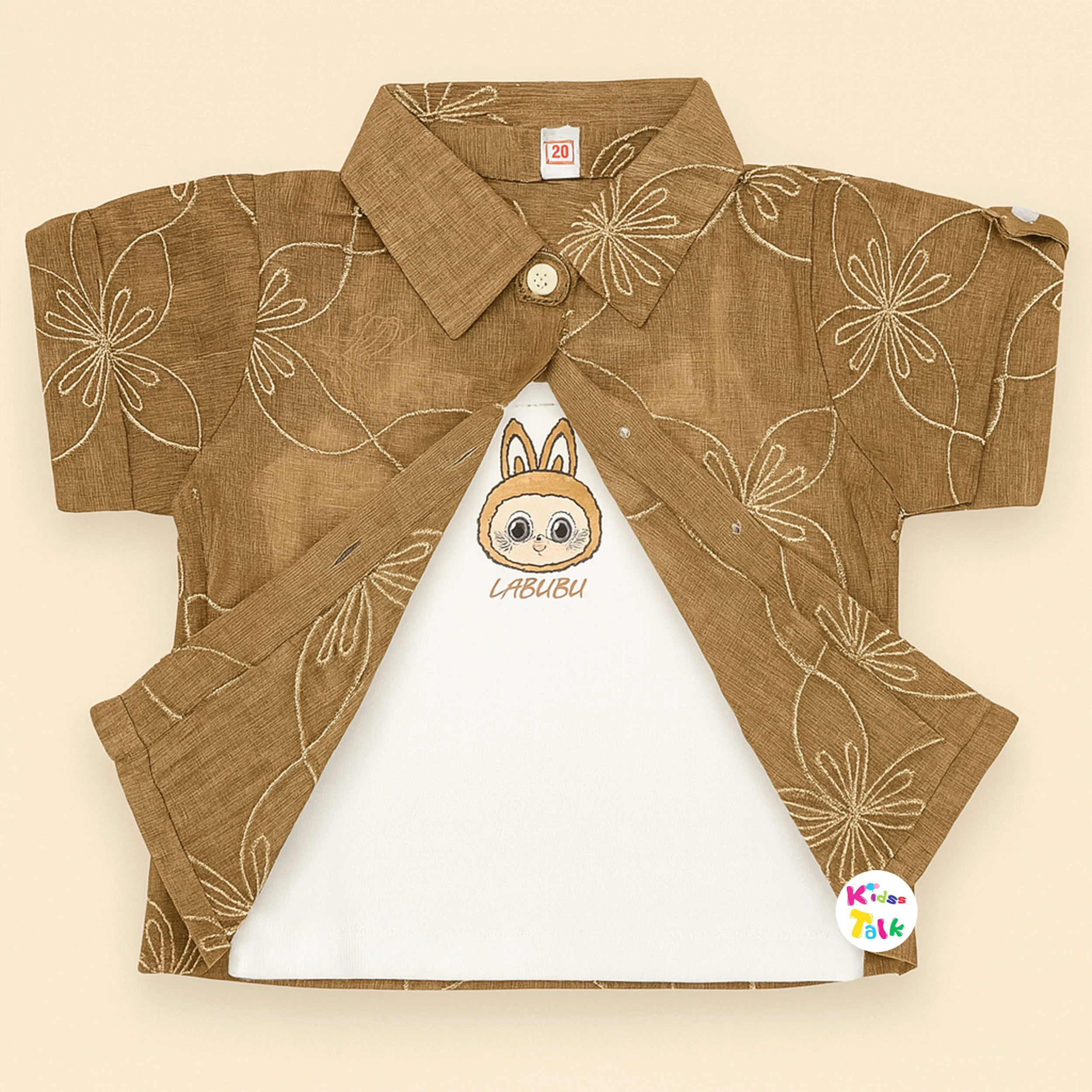 Cute Half Sleeve Embroidered Top With Inner Tees - Brown