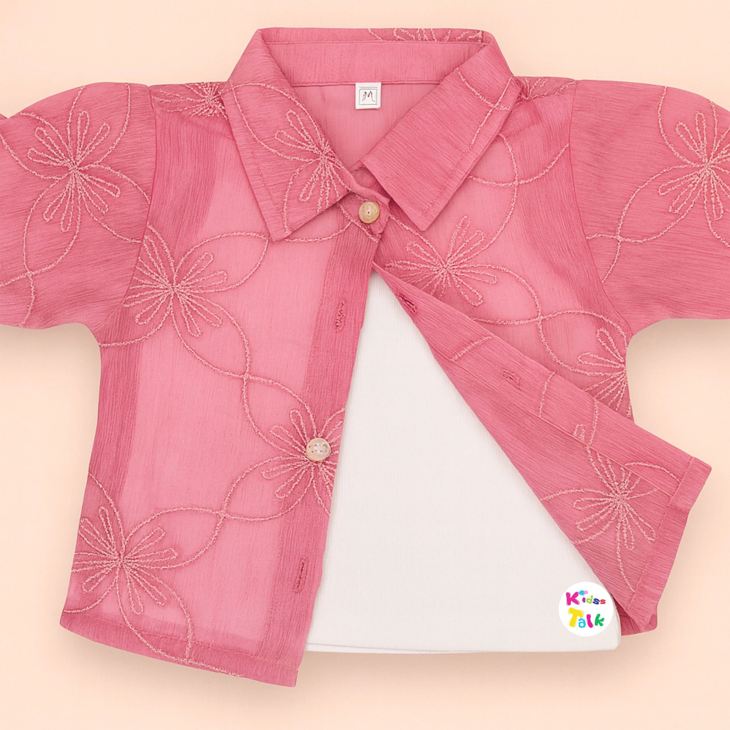 Cute Half Sleeve Embroidered Top With Inner Tees - Flamingo Pink