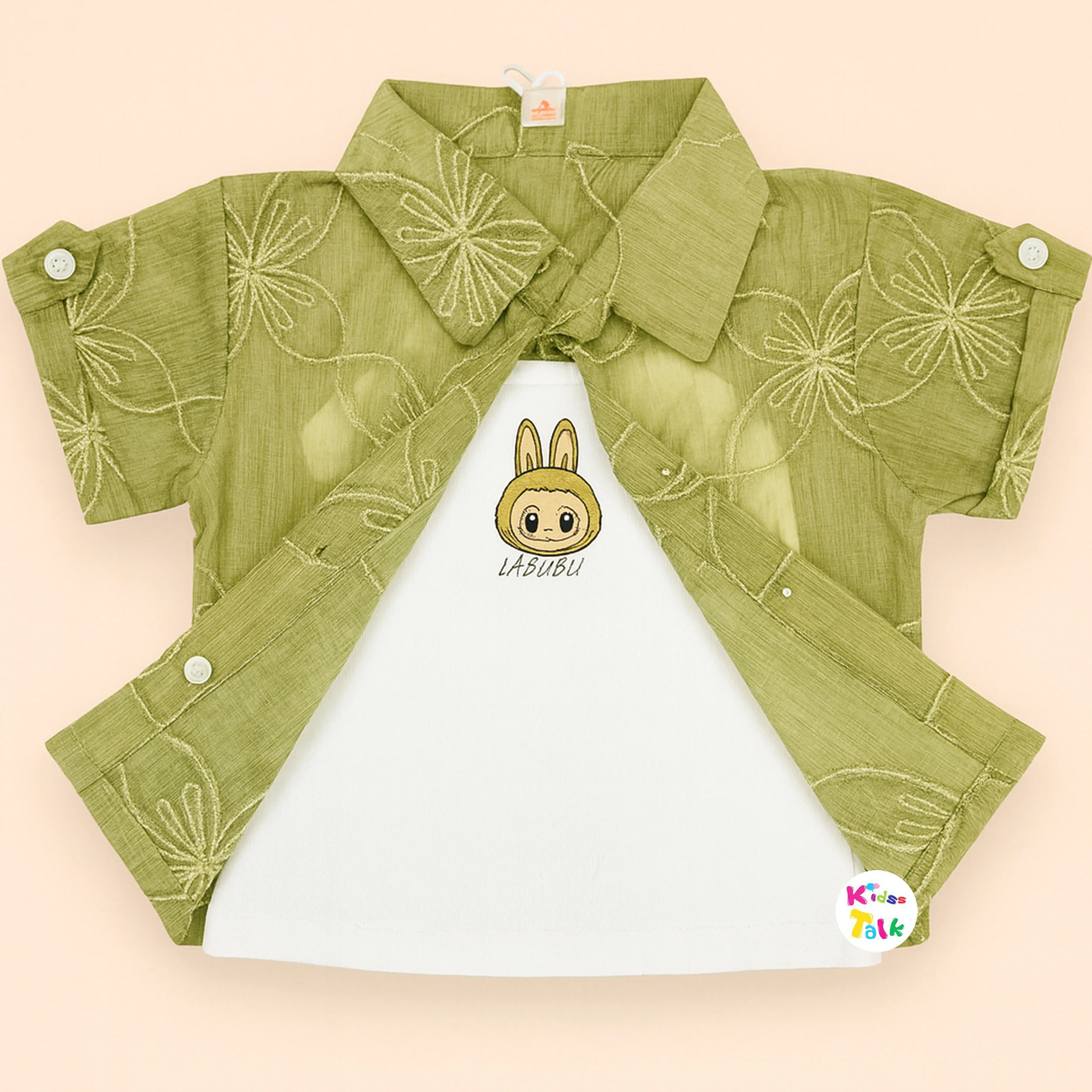 Cute Half Sleeve Embroidered Top With Inner Tees - Pista Green