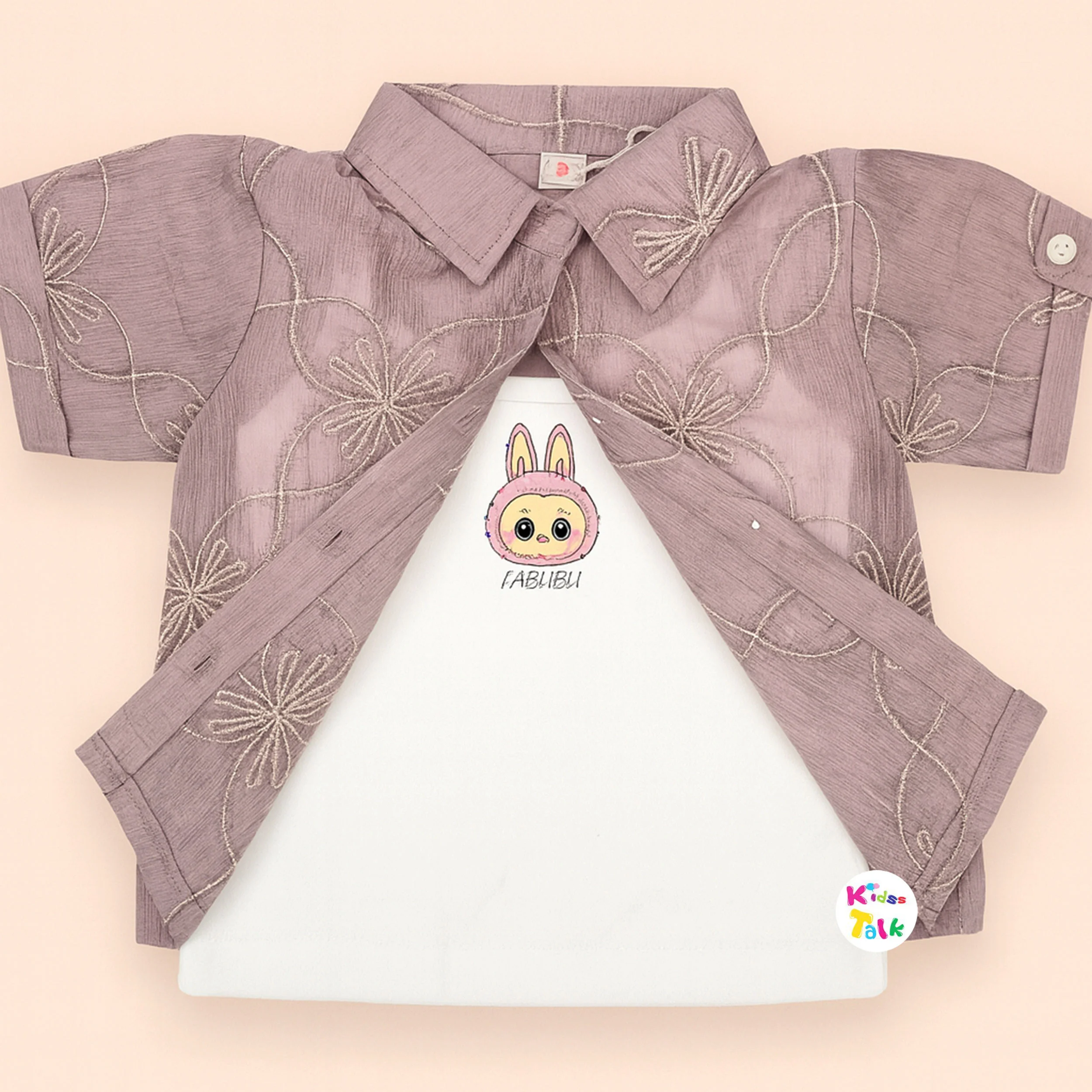 Cute Half Sleeve Embroidered Top With Inner Tees - Purple