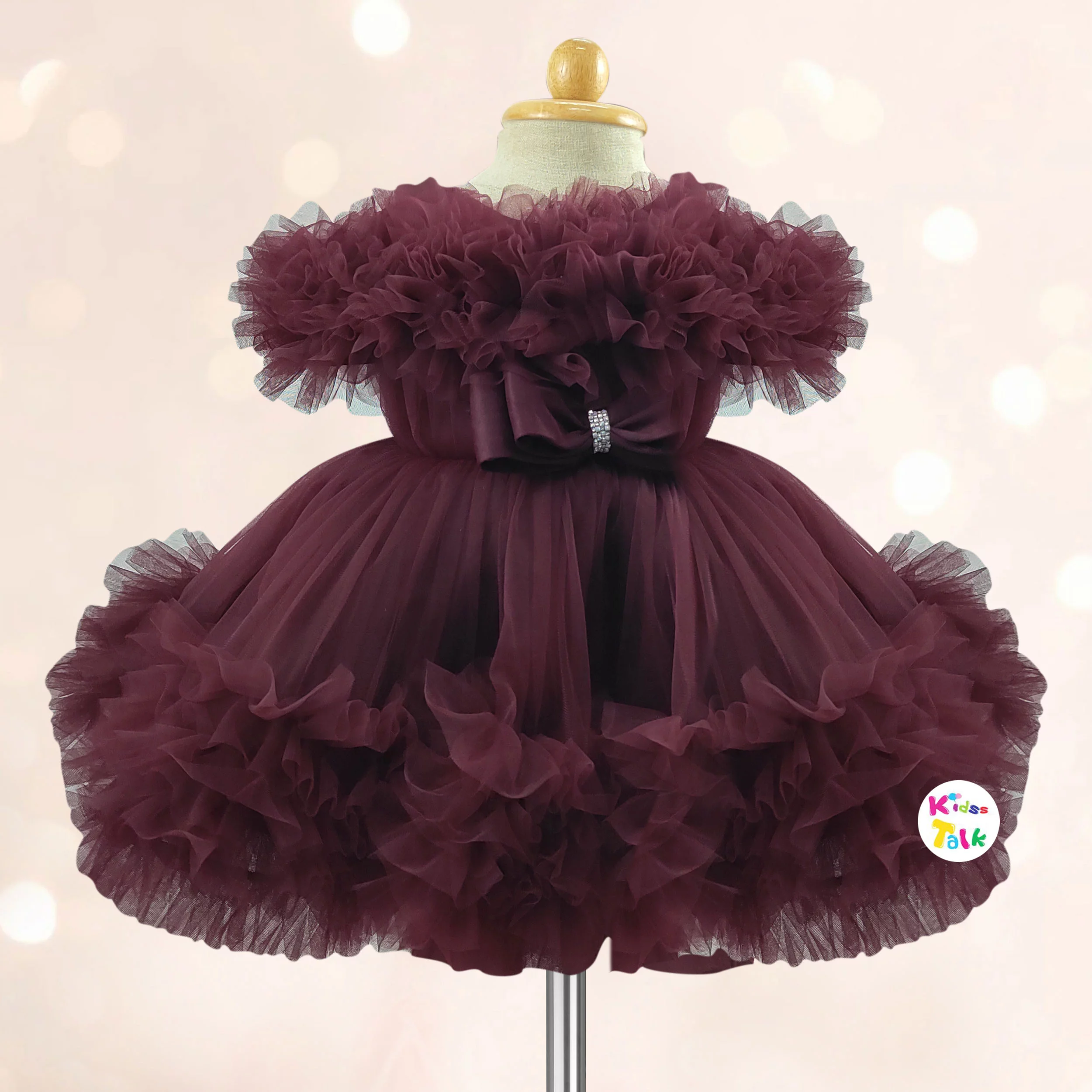 Net Sleeveless Party Frock With Bow Applique - Wine