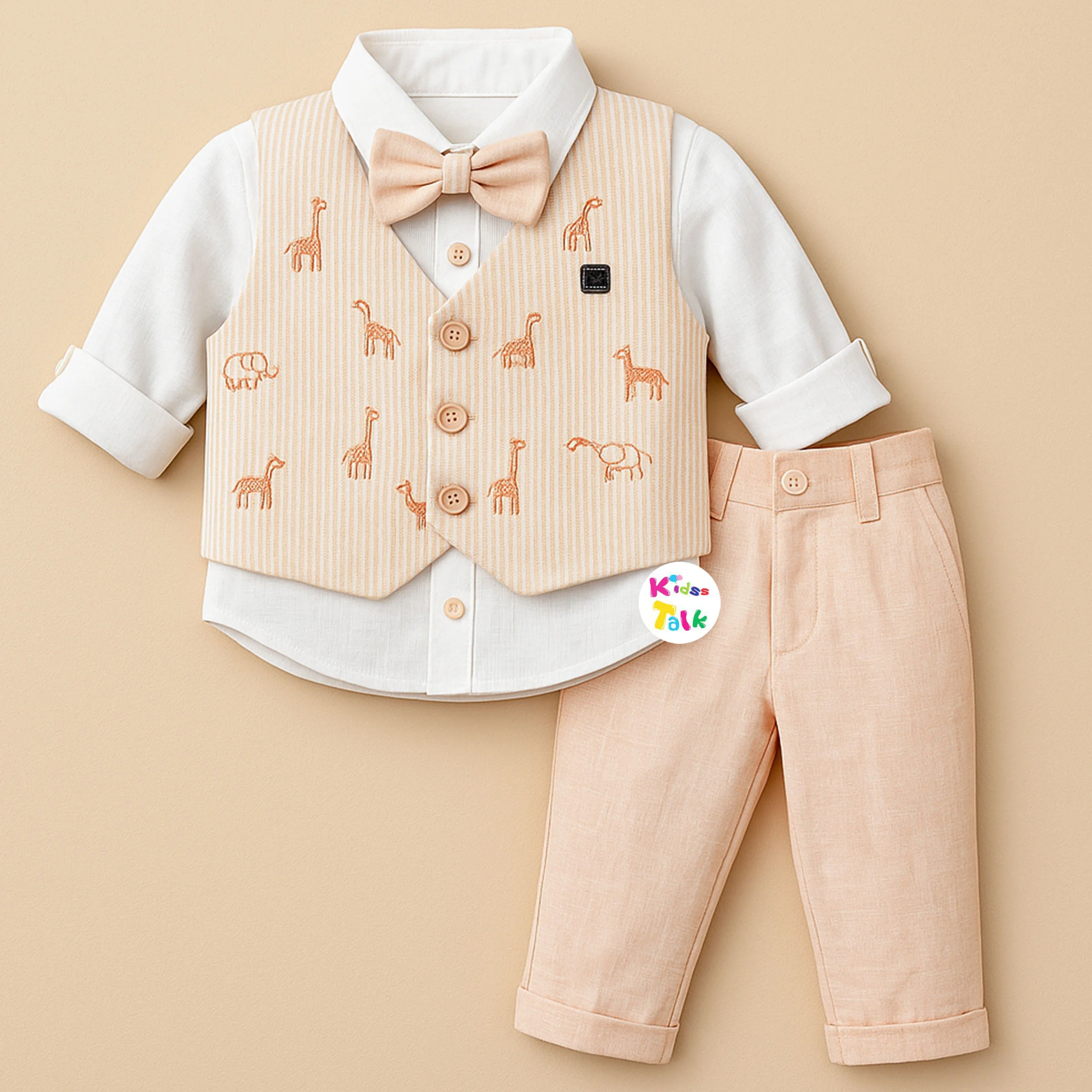 Cotton Full Sleeve Shirt With Printed Jacket & Full Pant - Peach