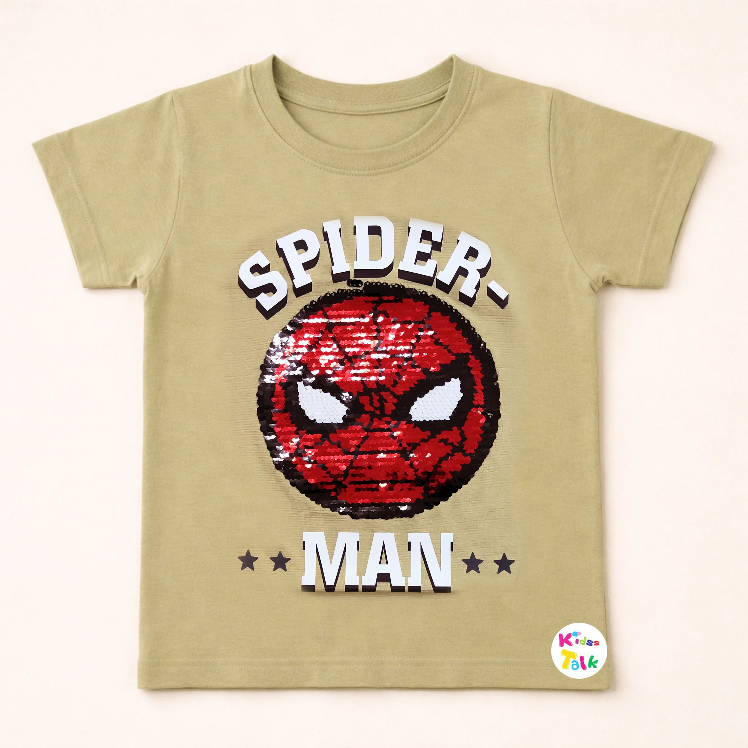 Cotton Knitted Half Sleeve Sequins Patch Work T-shirt - Beige