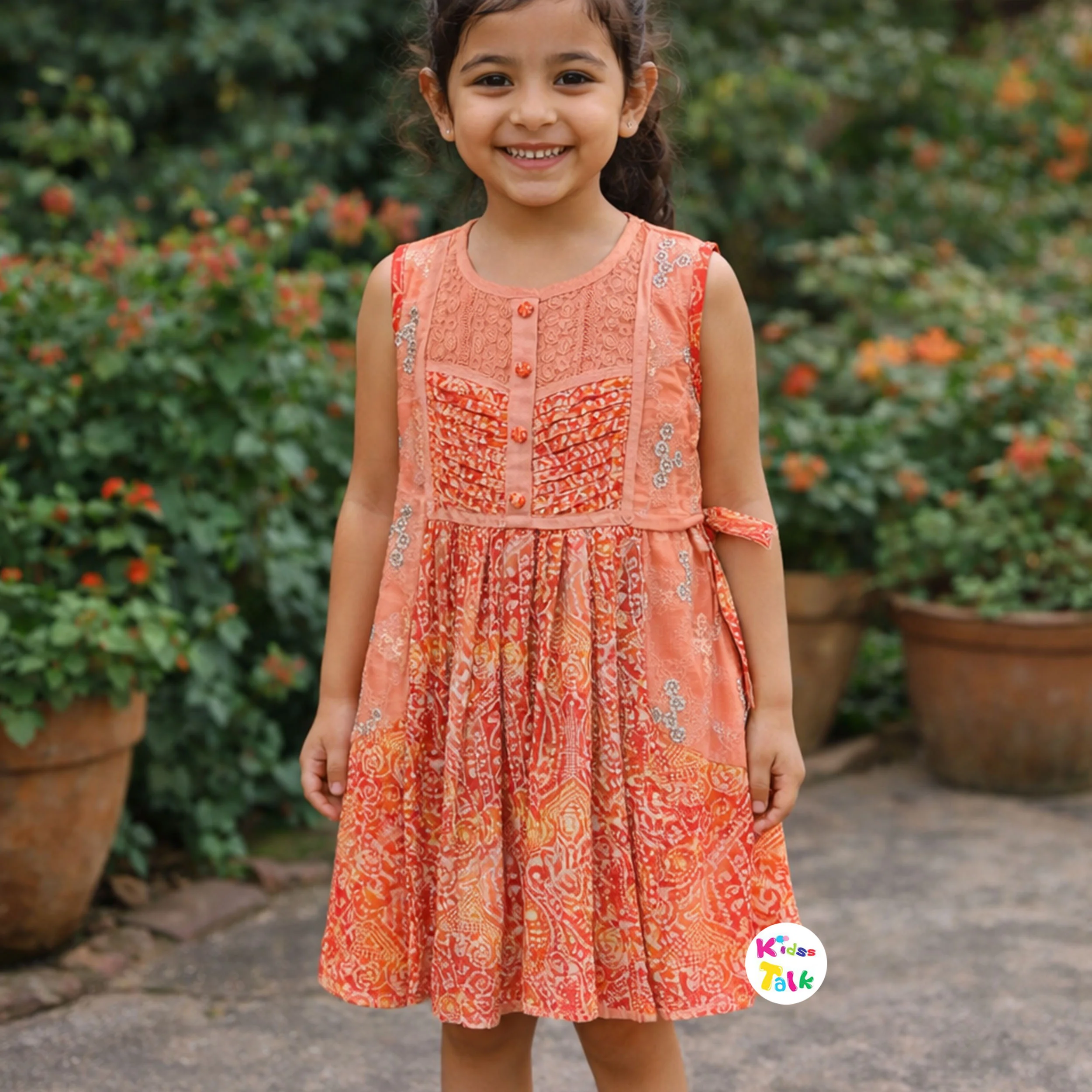 Cotton Silk Sleeveless Frock With Batik Printed - Orange