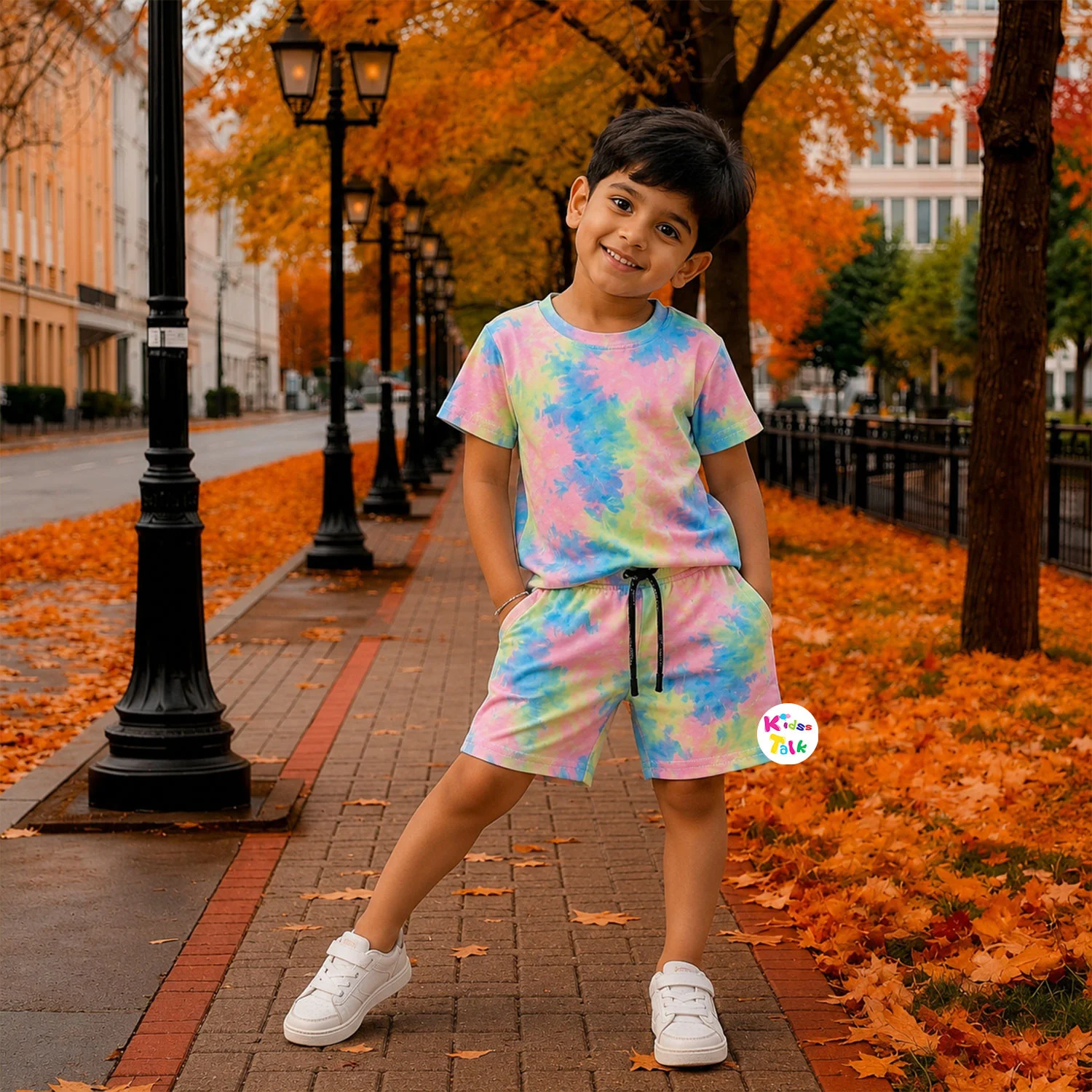 Cotton Knitted Half Sleeve T-shirt Set With Pastel Tie & Dye Print - Multicolour