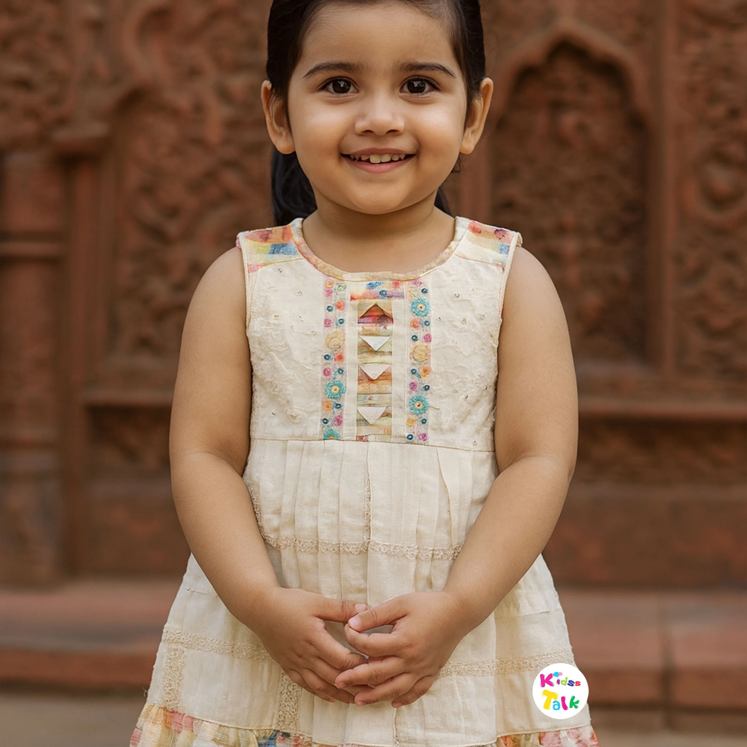 Cute Cotton Sleeveless Frock With Embroidered - Cream