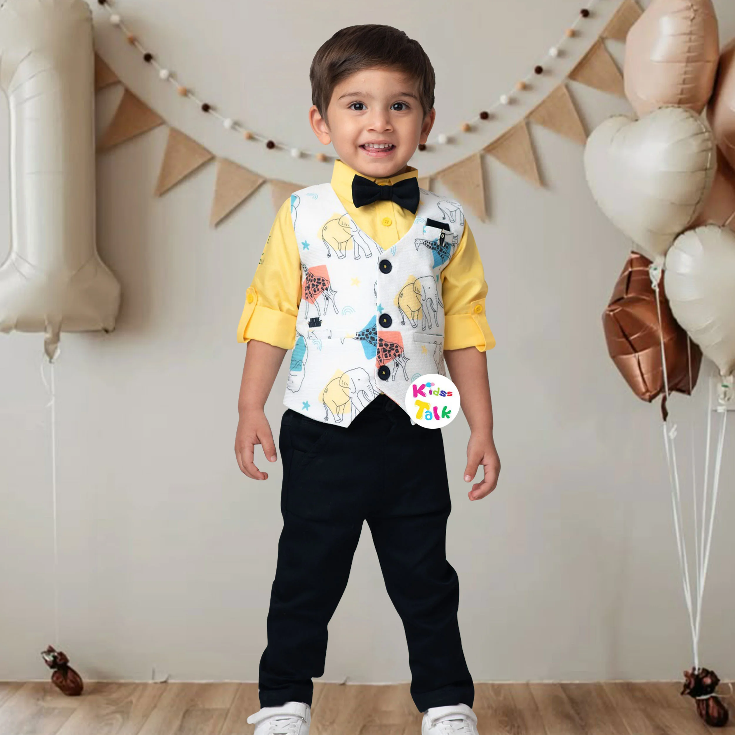 Cotton Full Sleeve Shirt With Cute Printed Jacket & Full Pant - Lemon Yellow