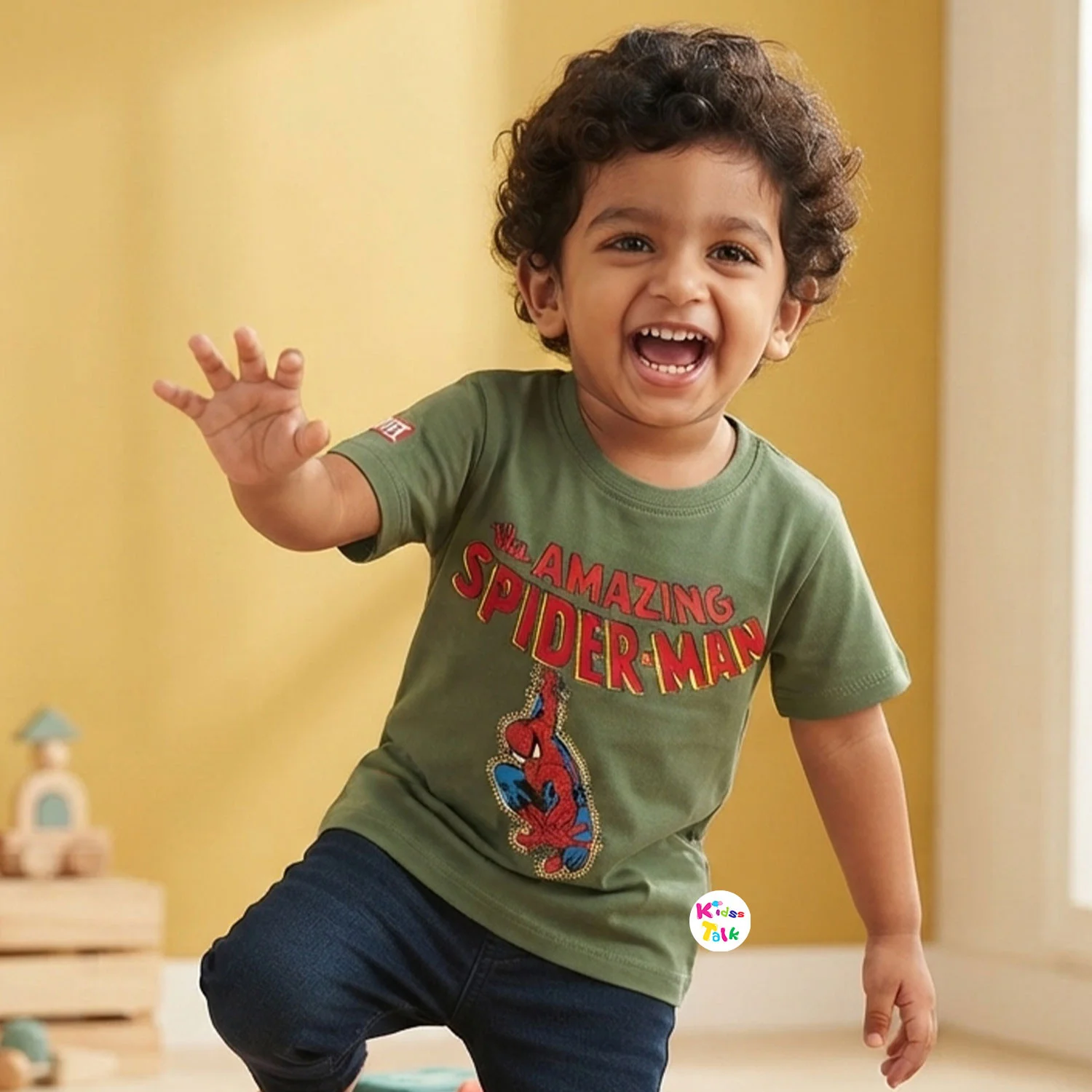 Cotton Knitted Half Sleeve T-shirt With Cute Print - Olive Green