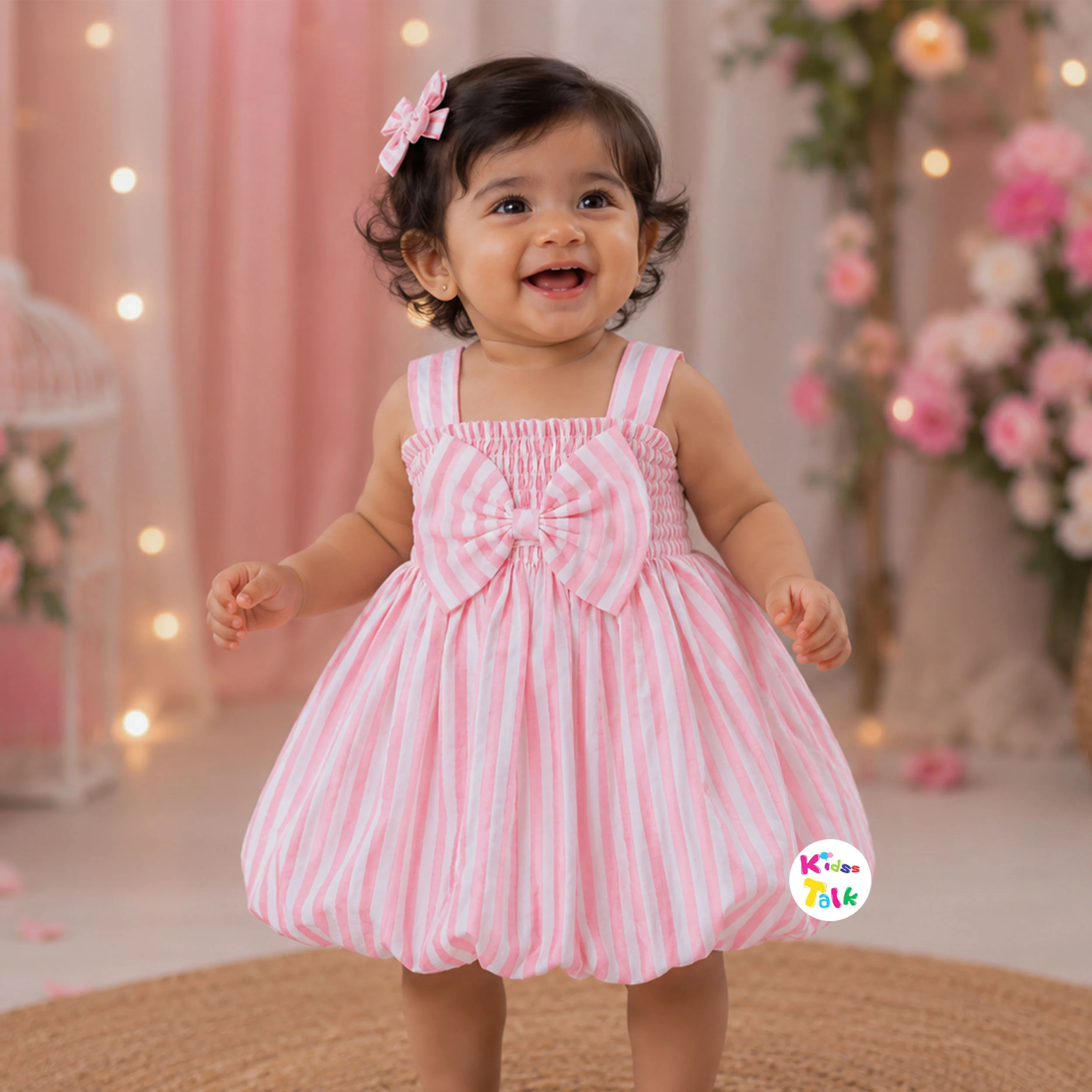 Cute Cotton Sleeveless Frock With Bow - Peach