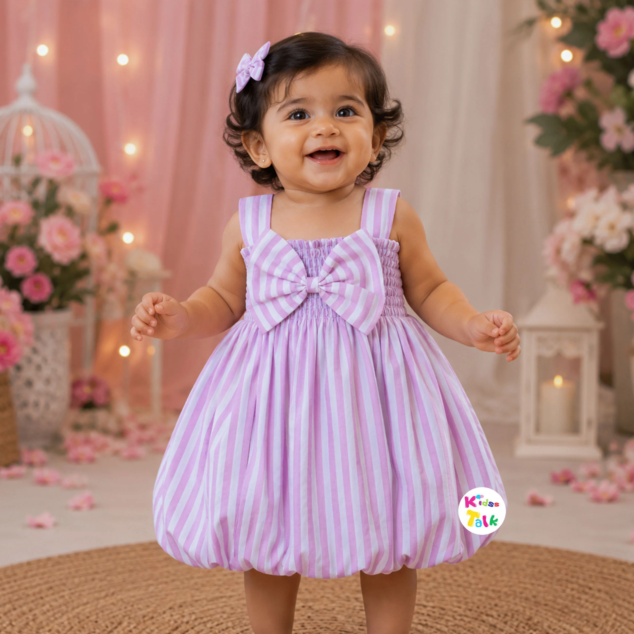 Cute Cotton Sleeveless Frock With Bow - Lavender