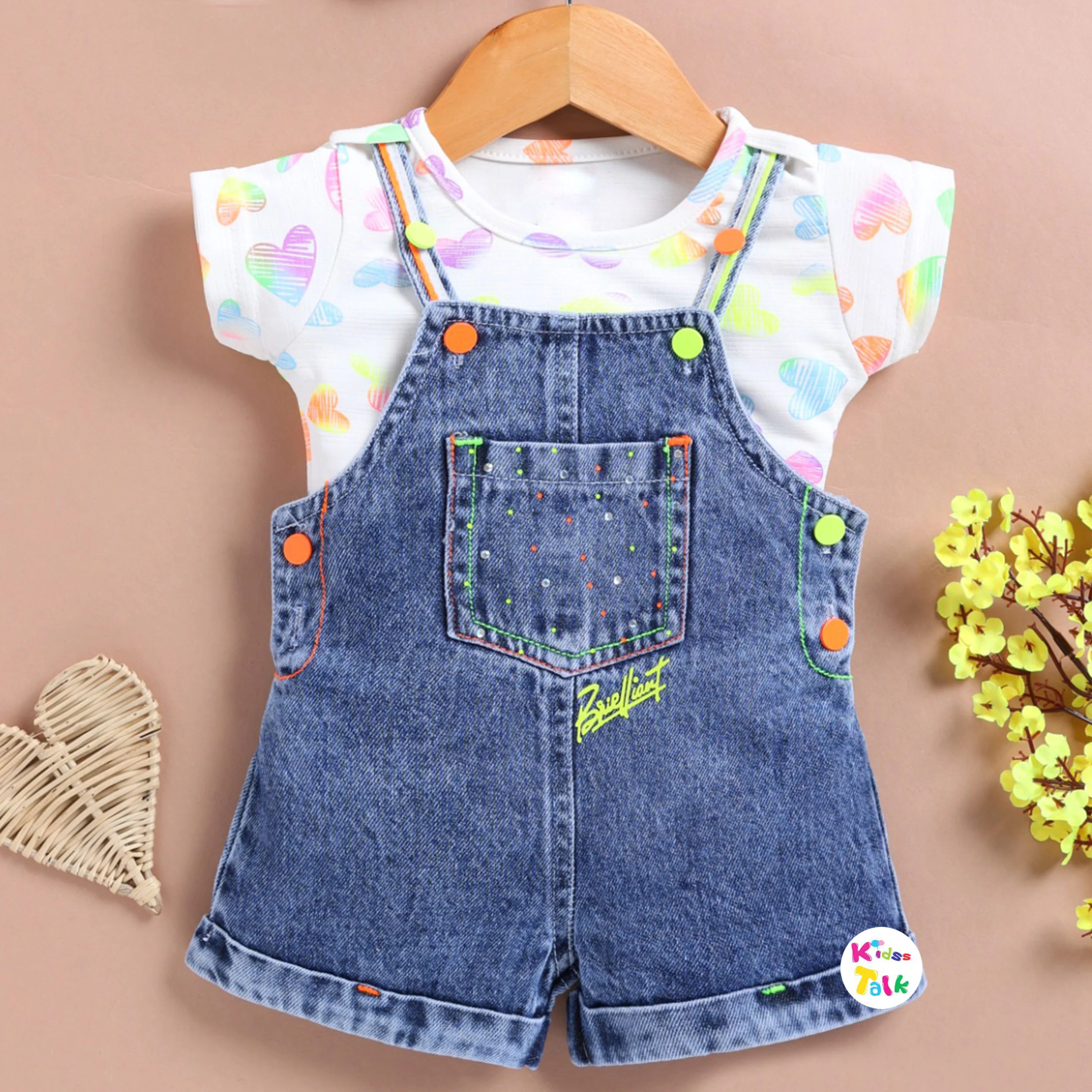 Denim Half Sleeve Dungaree Set With Patch Work - White