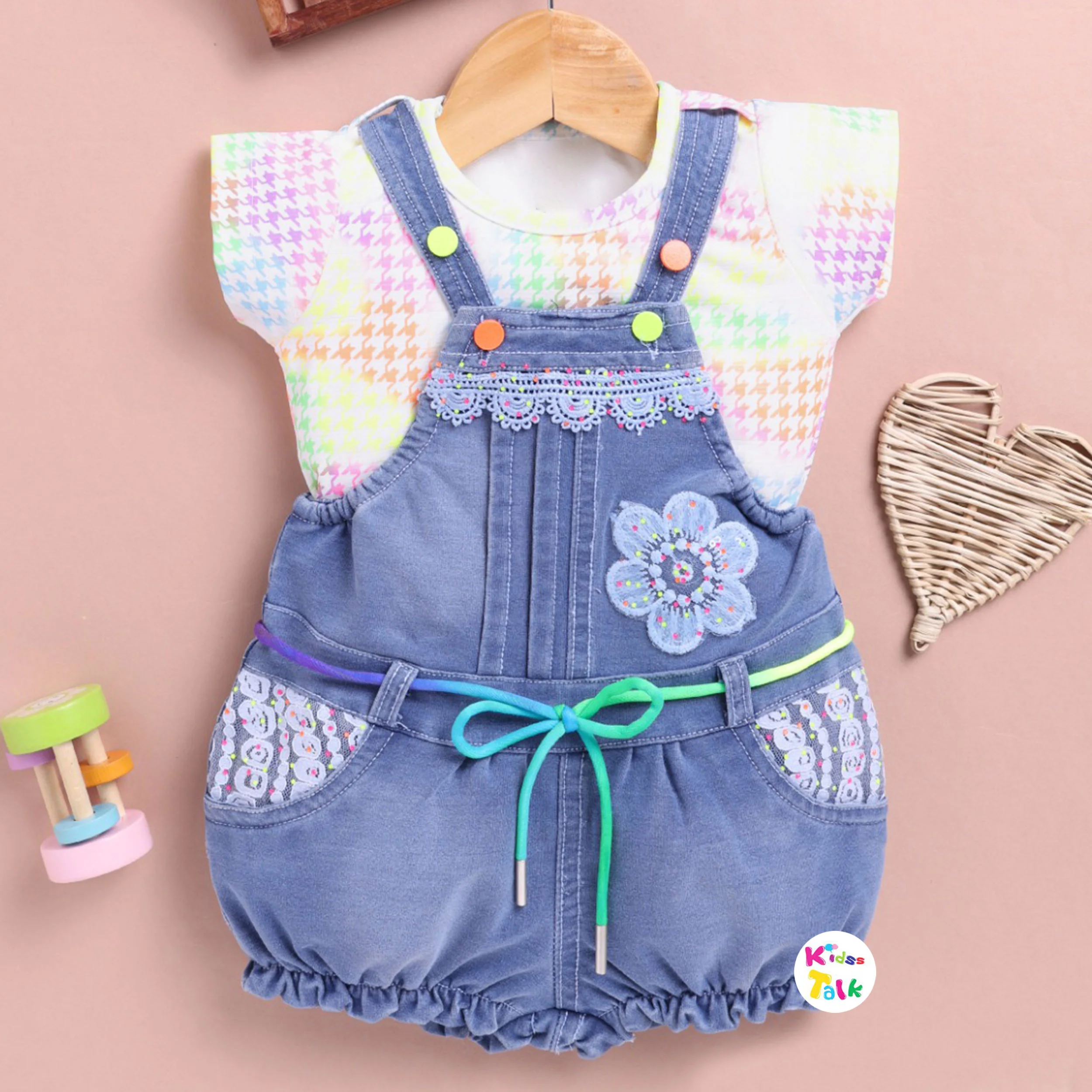 Denim Half Sleeve Dungaree Set With Patch Work - Ice Blue