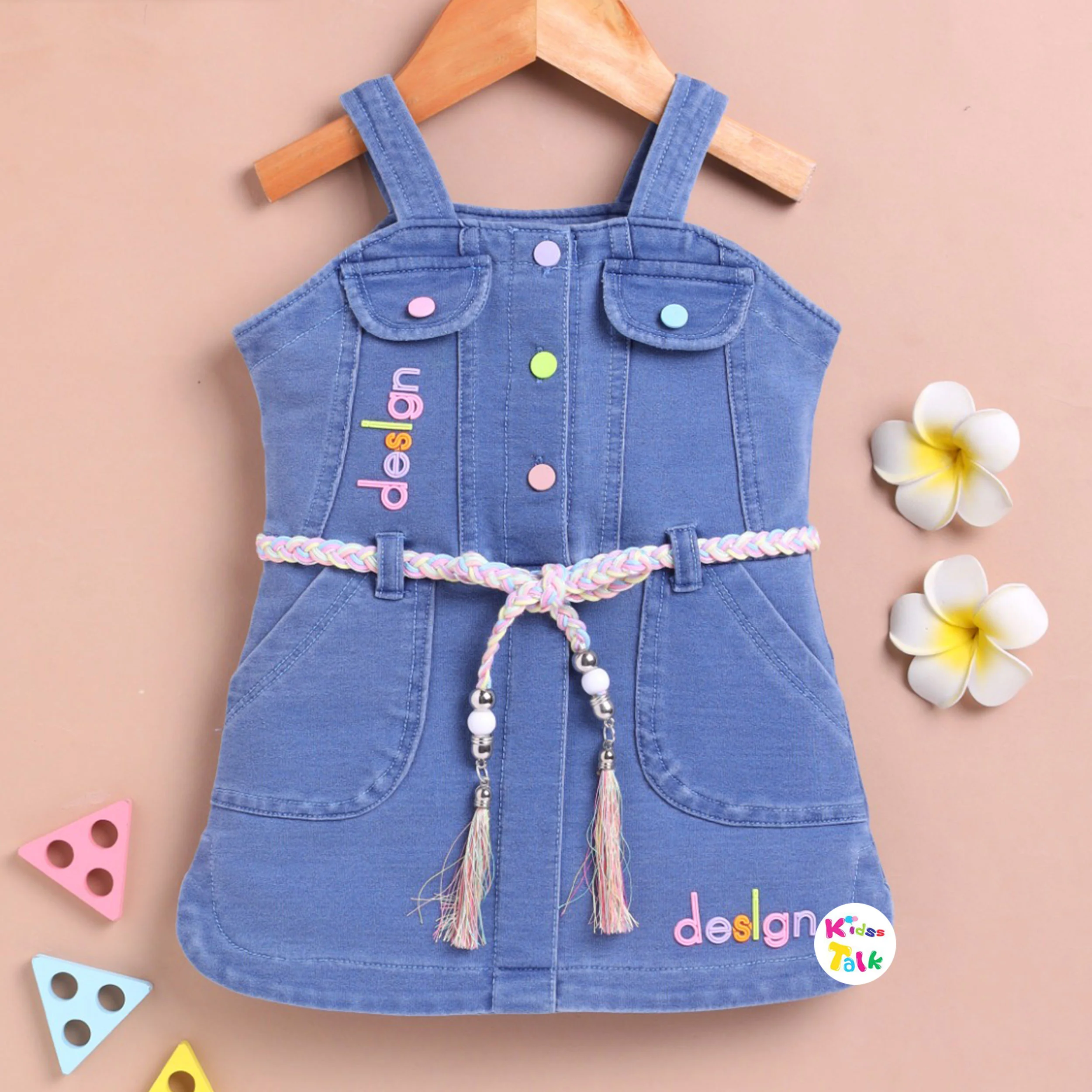 Denim Sleeveless Frock With Patch Work - Ice Blue