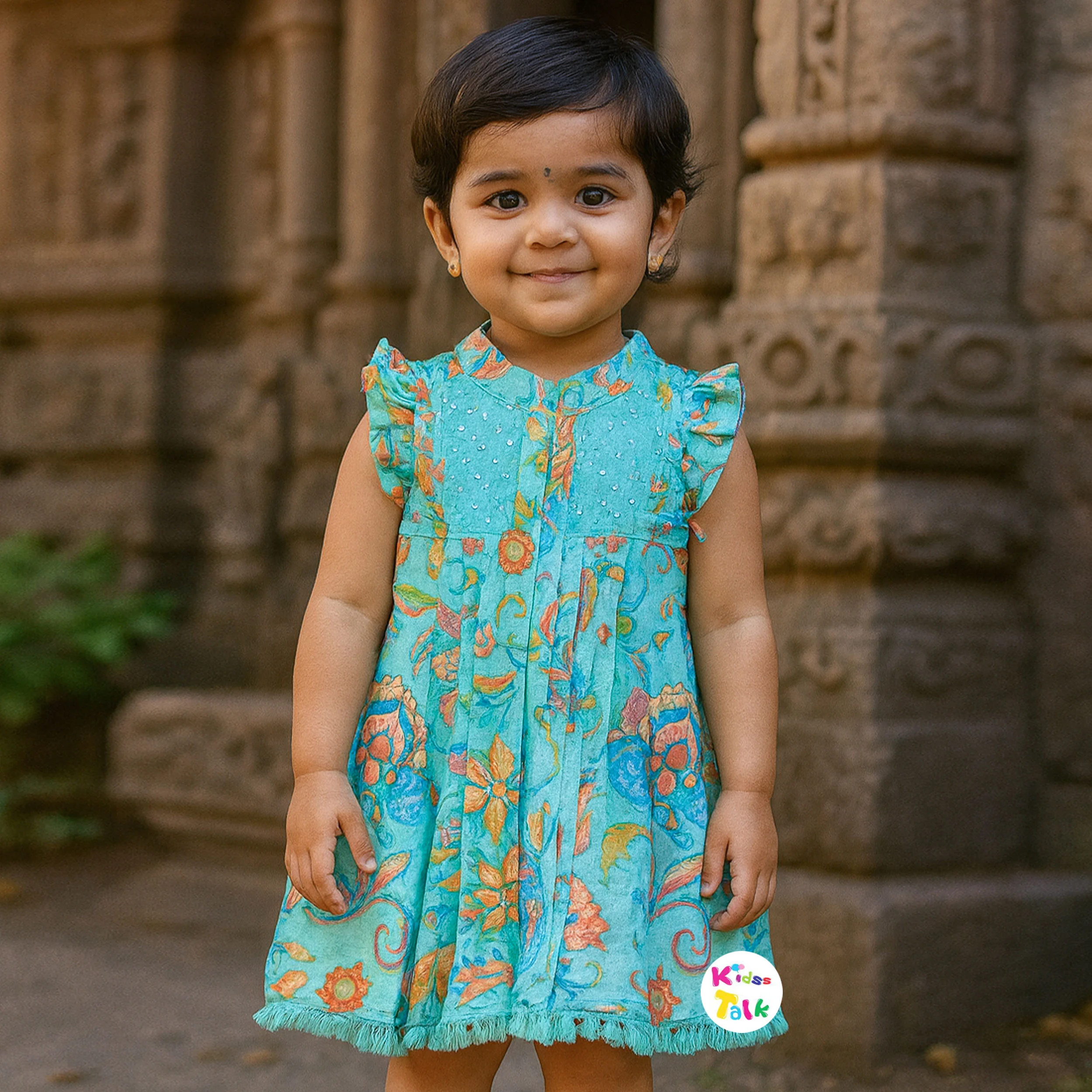 Cute Cotton Half Sleeve Frock With Embroidered - Mint Green