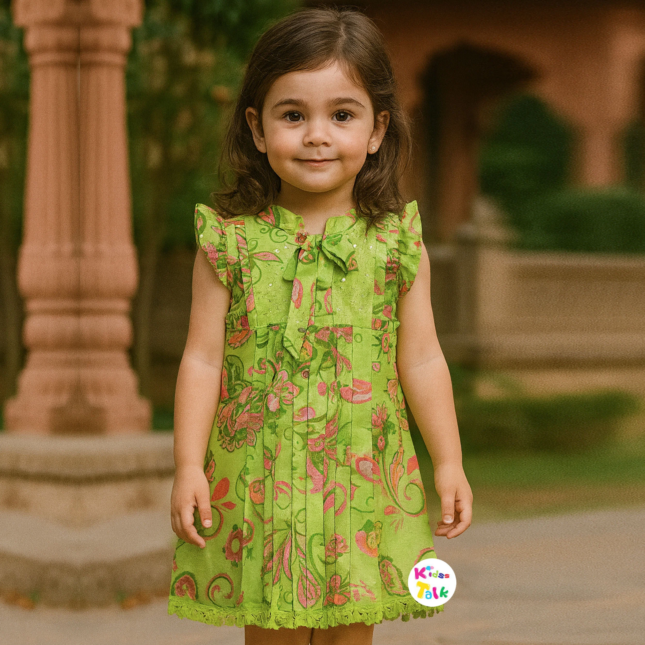 Cute Cotton Half Sleeve Frock With Embroidered - Pista Green