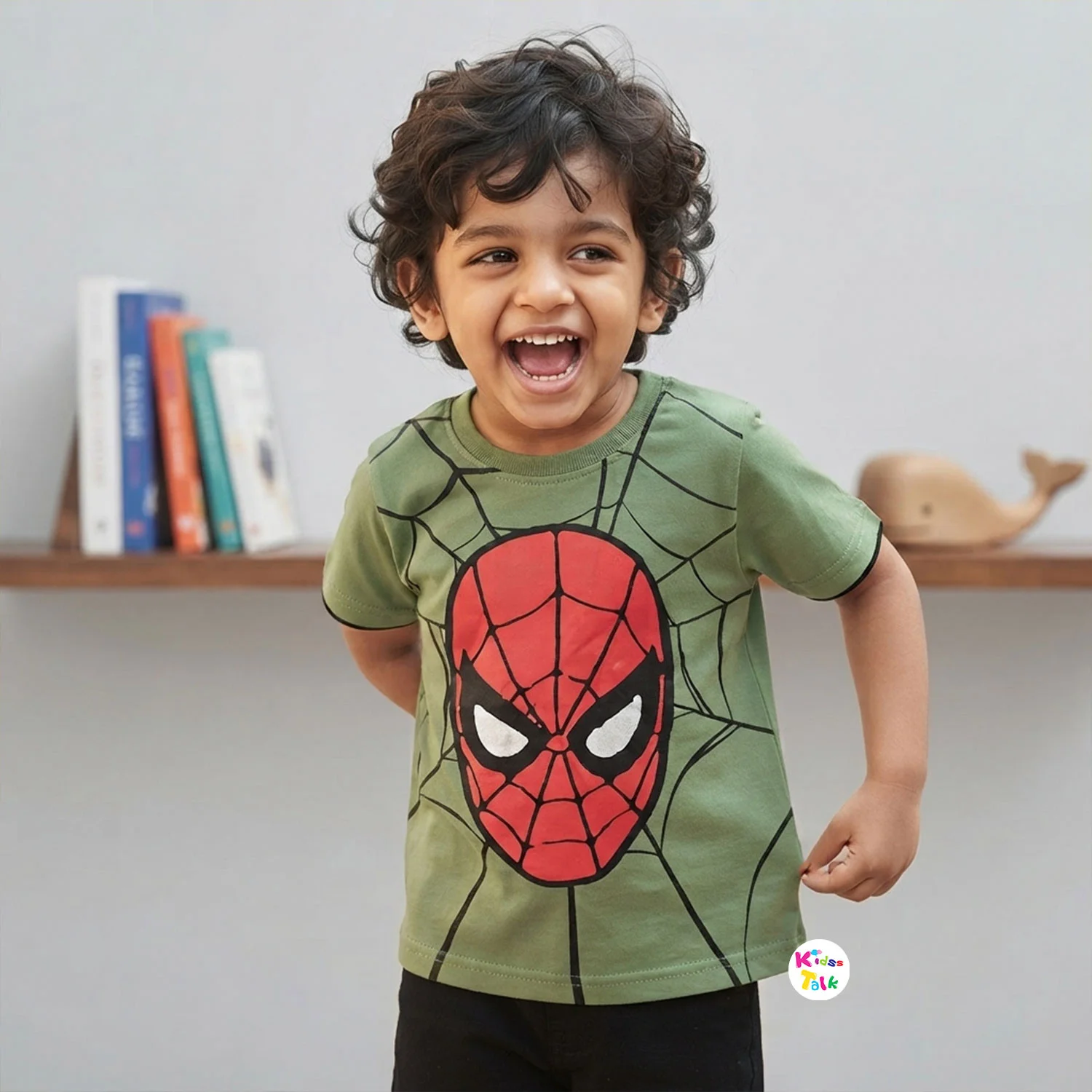 Cotton Knitted Half Sleeve T-shirt With Cute Print - Olive Green