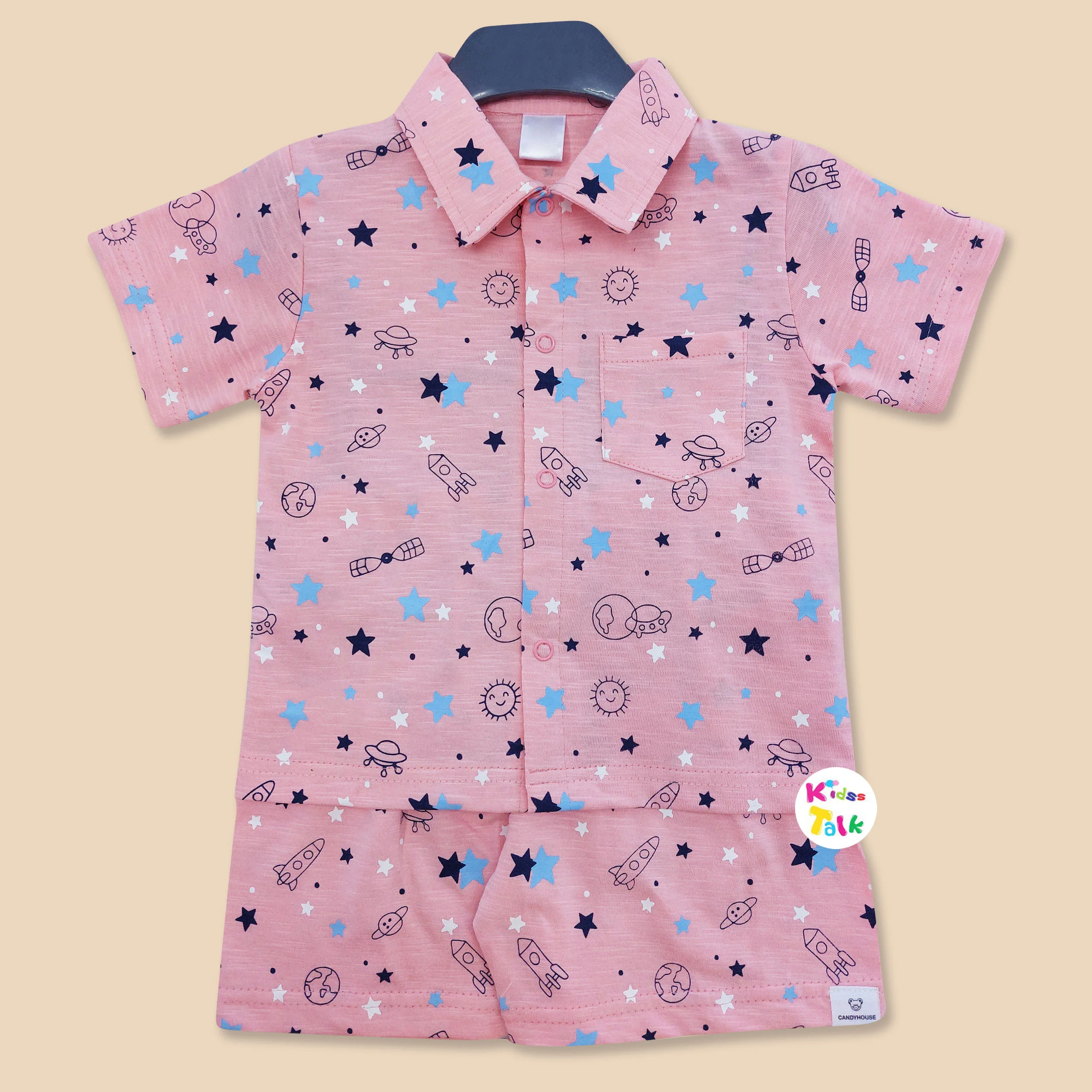 Cotton Half Sleeve Night Suit With Cute Printed - Peach