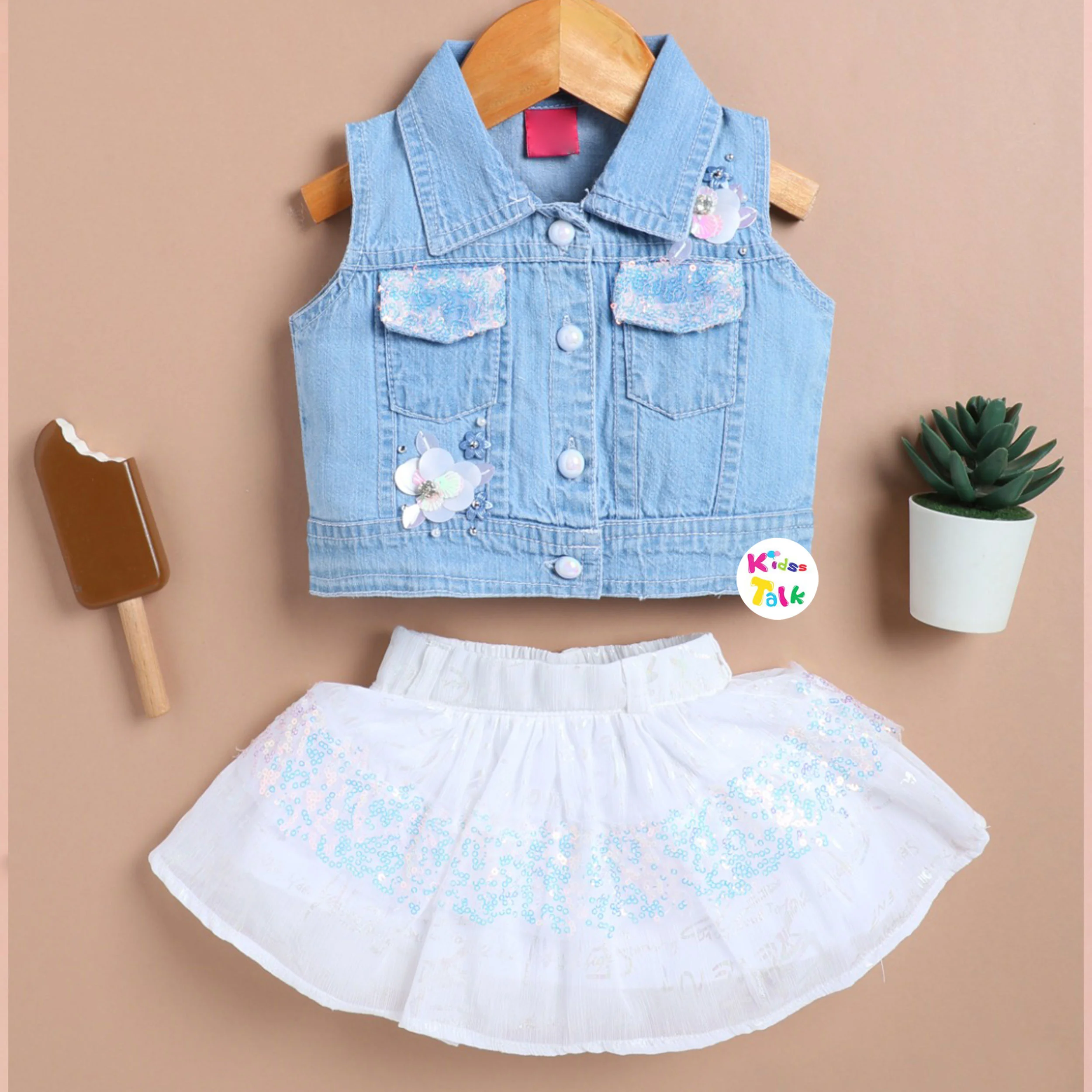 Denim Sleeveless Cute Top & Skirt - White