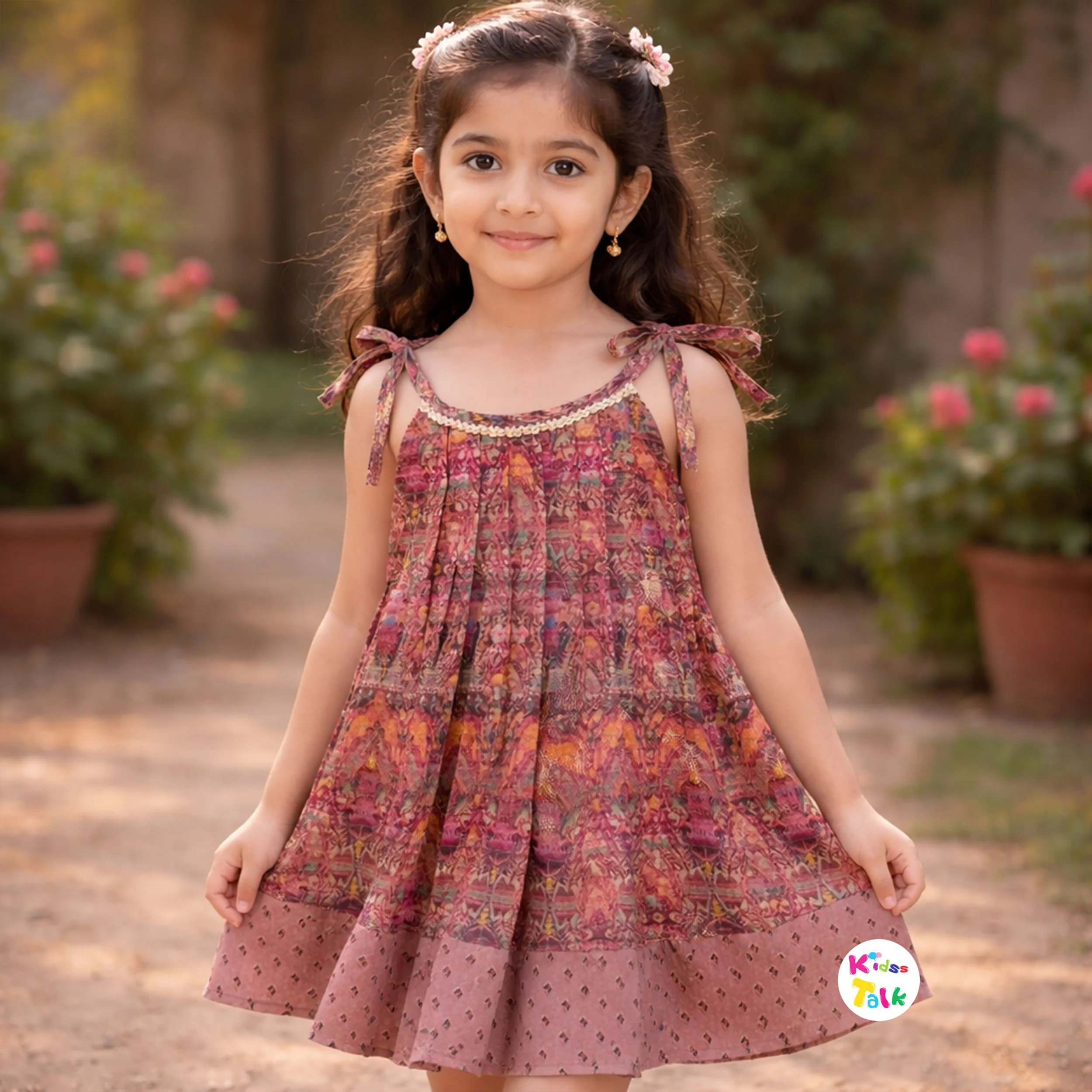 Satin Sleeveless Printed Frock With Stone Work - Brown