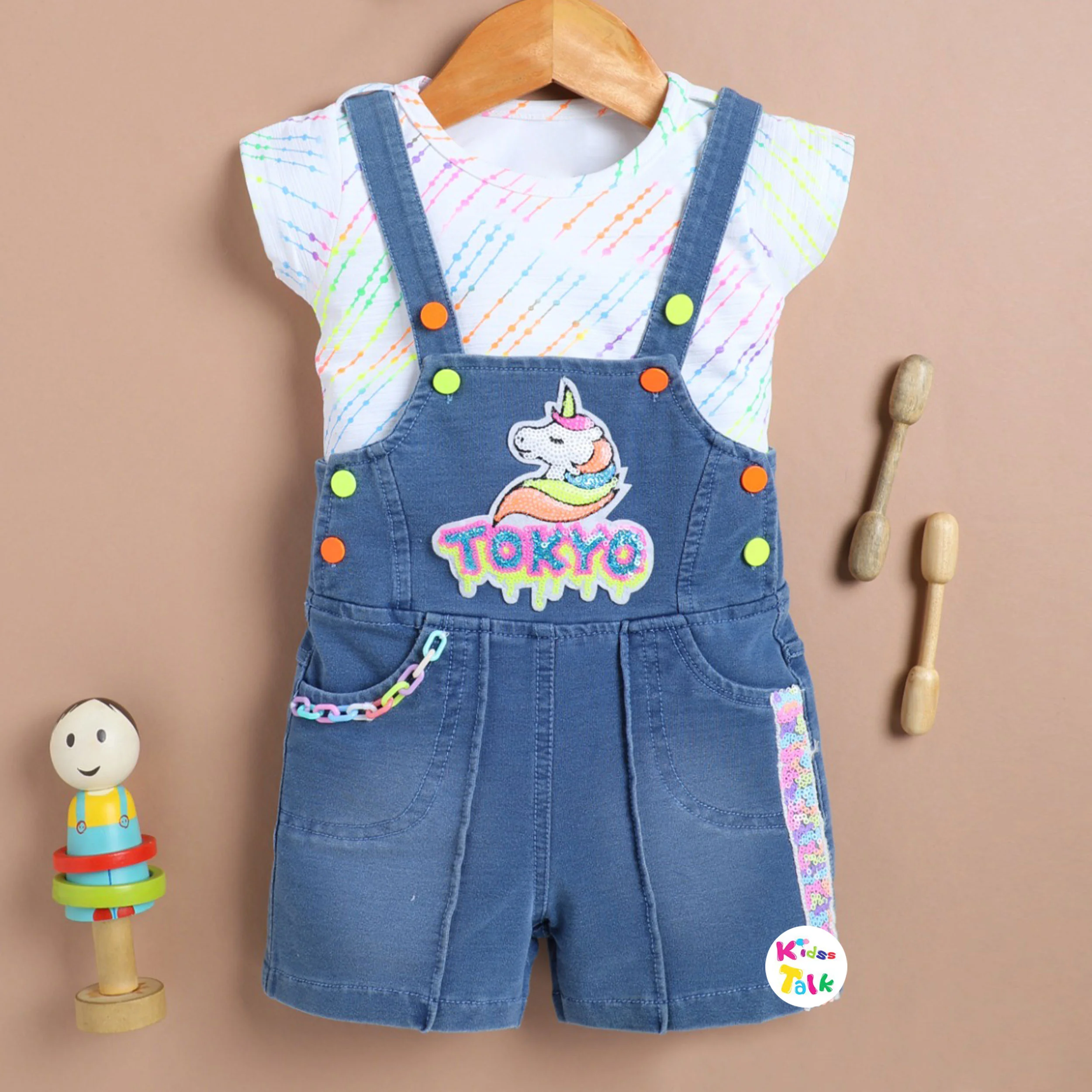 Denim Half Sleeve Dungaree Set With Patch Work - White