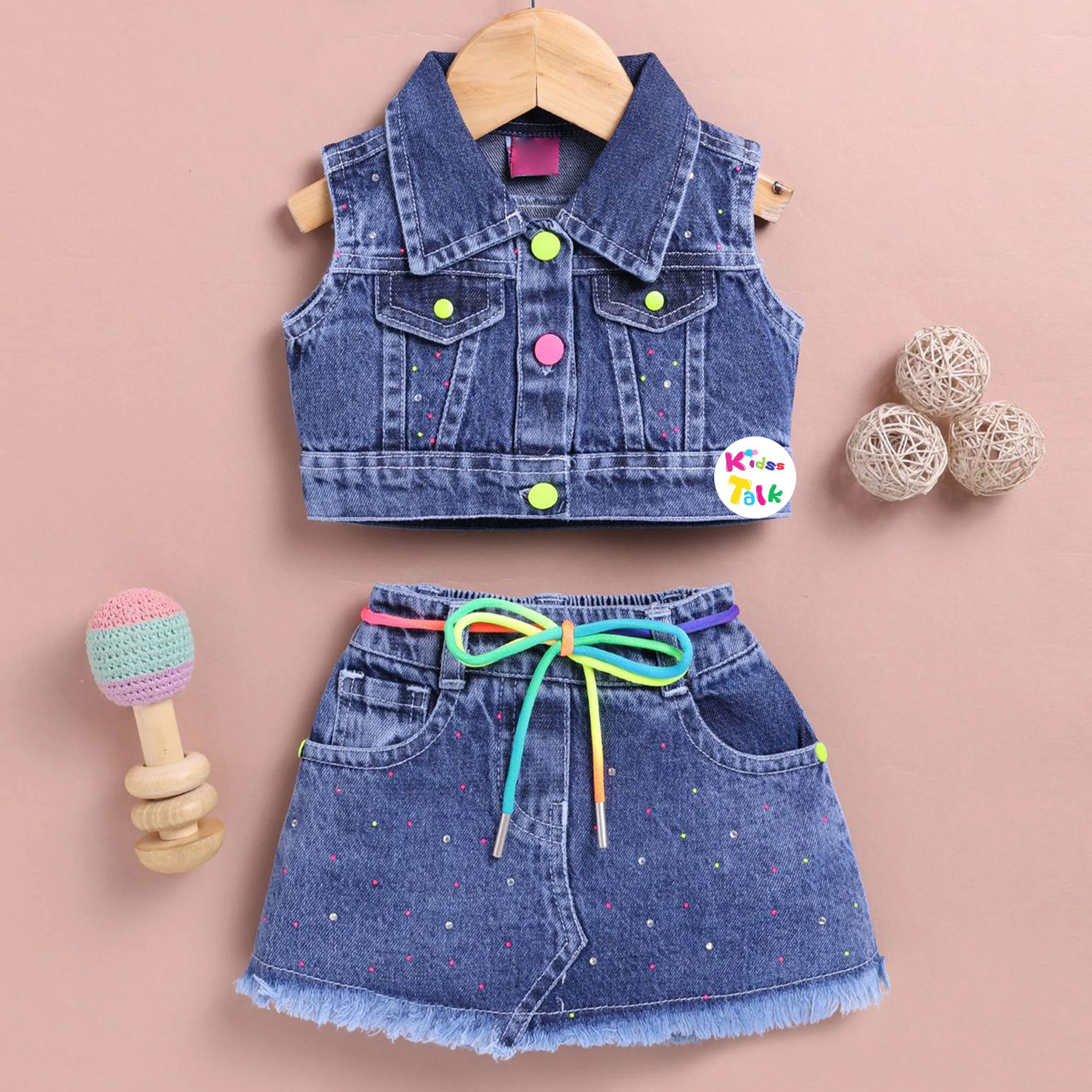 Cute Denim Half Sleeve Top & Half Pant - Denim Blue