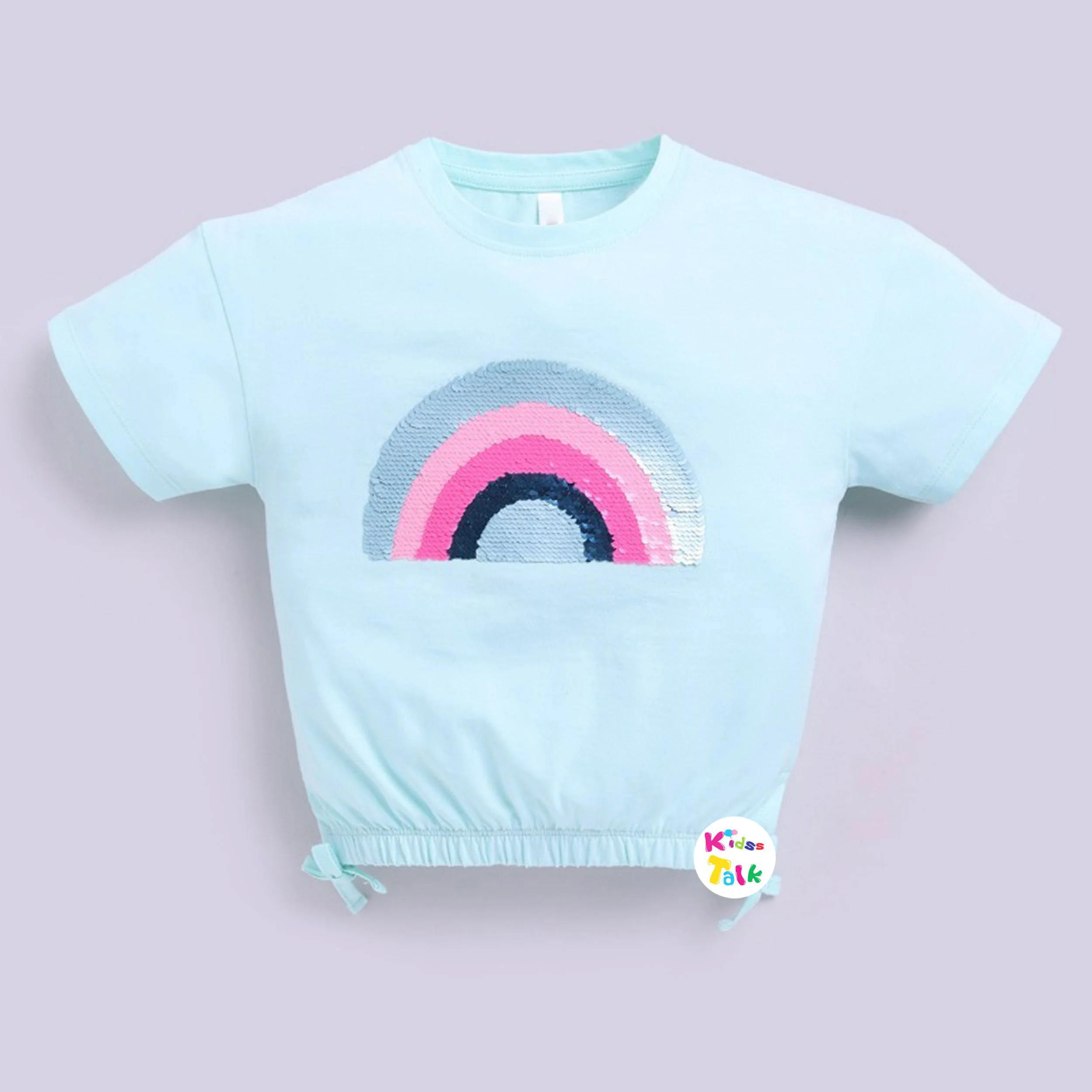 Cute Cotton Knitted Half Sleeve Sequins Tees - Ice Blue