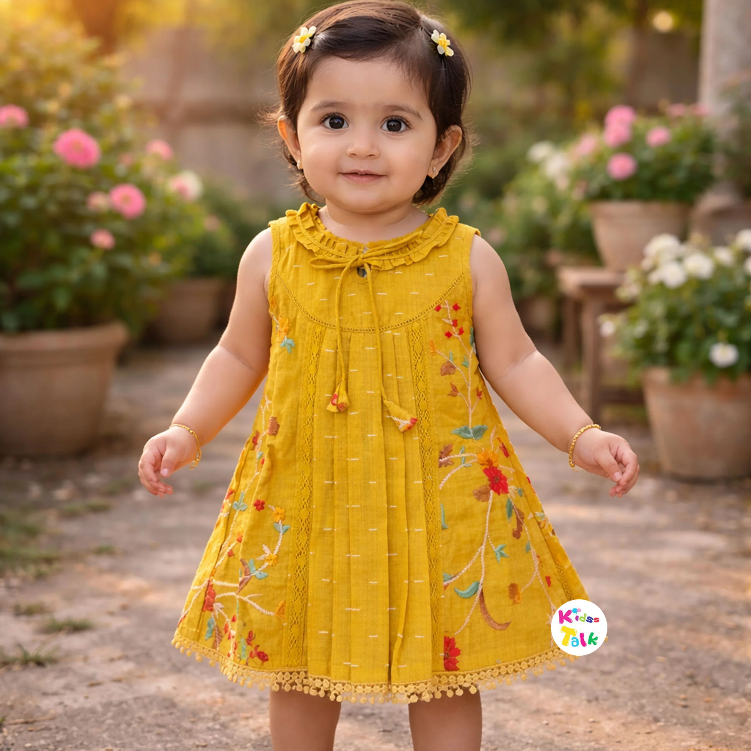 Cotton Sleeveless Frock With Cute Embroidered - Mustard