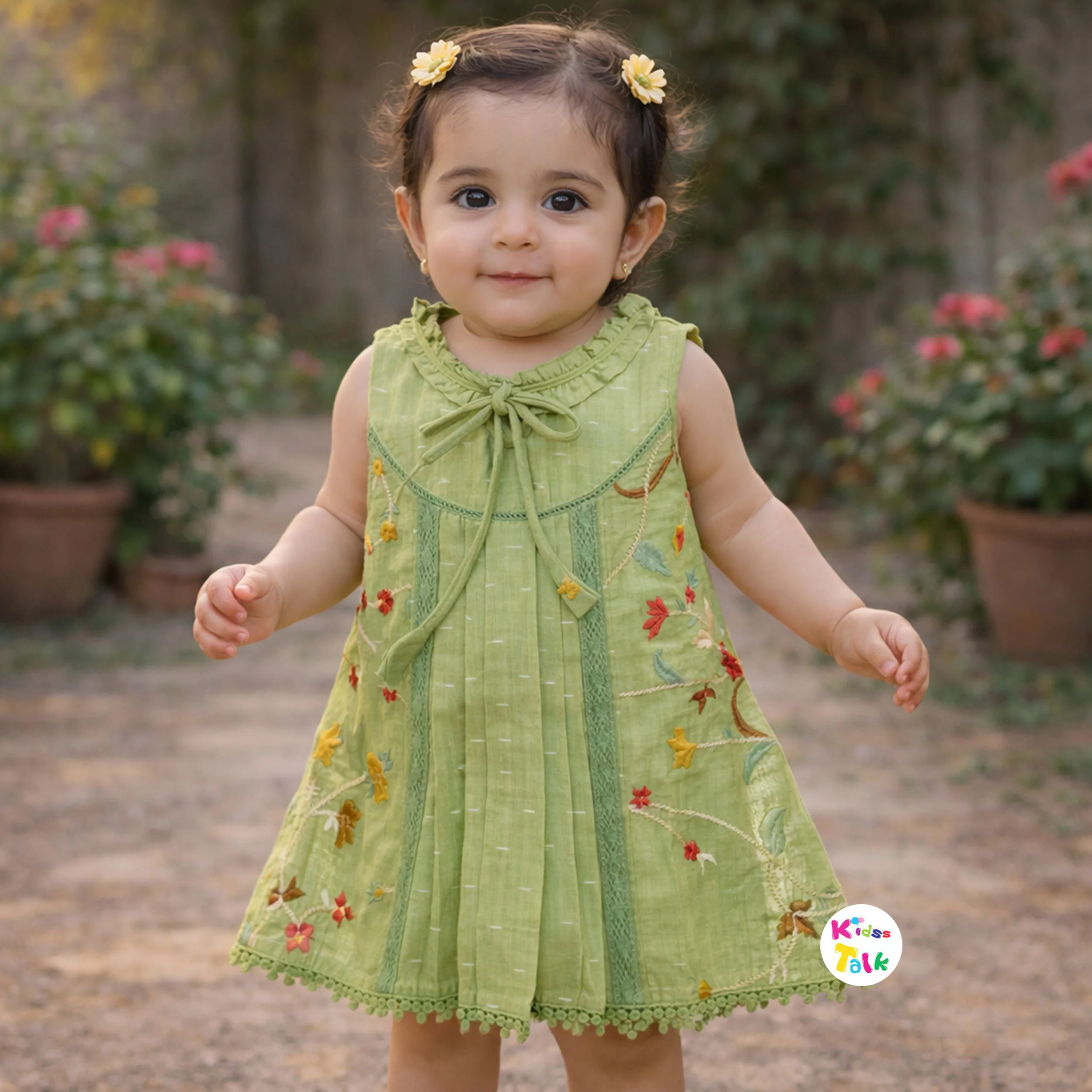 Cotton Sleeveless Frock With Cute Embroidered - Pista Green