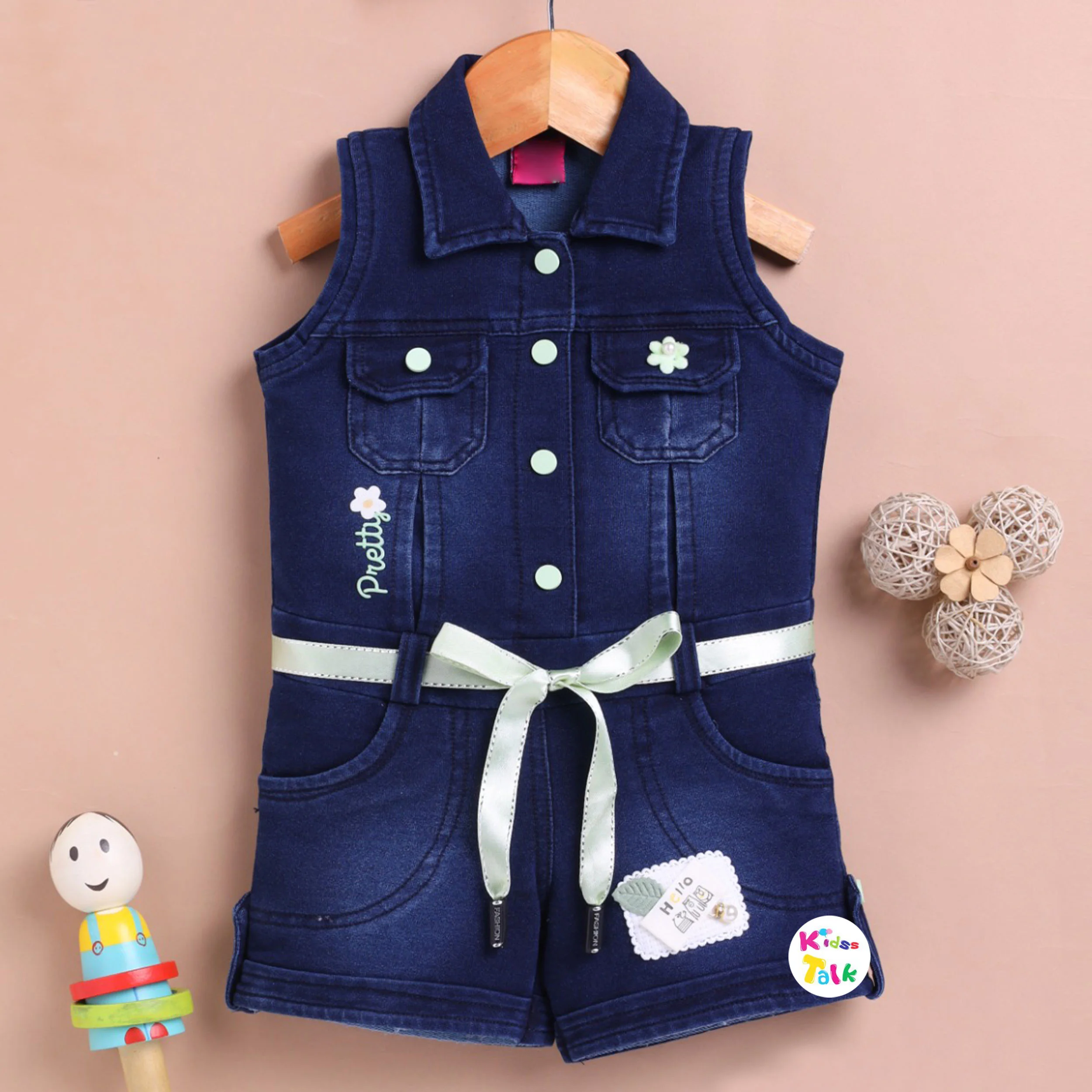 Denim Sleeveless Frock With Patch Work - Denim Blue