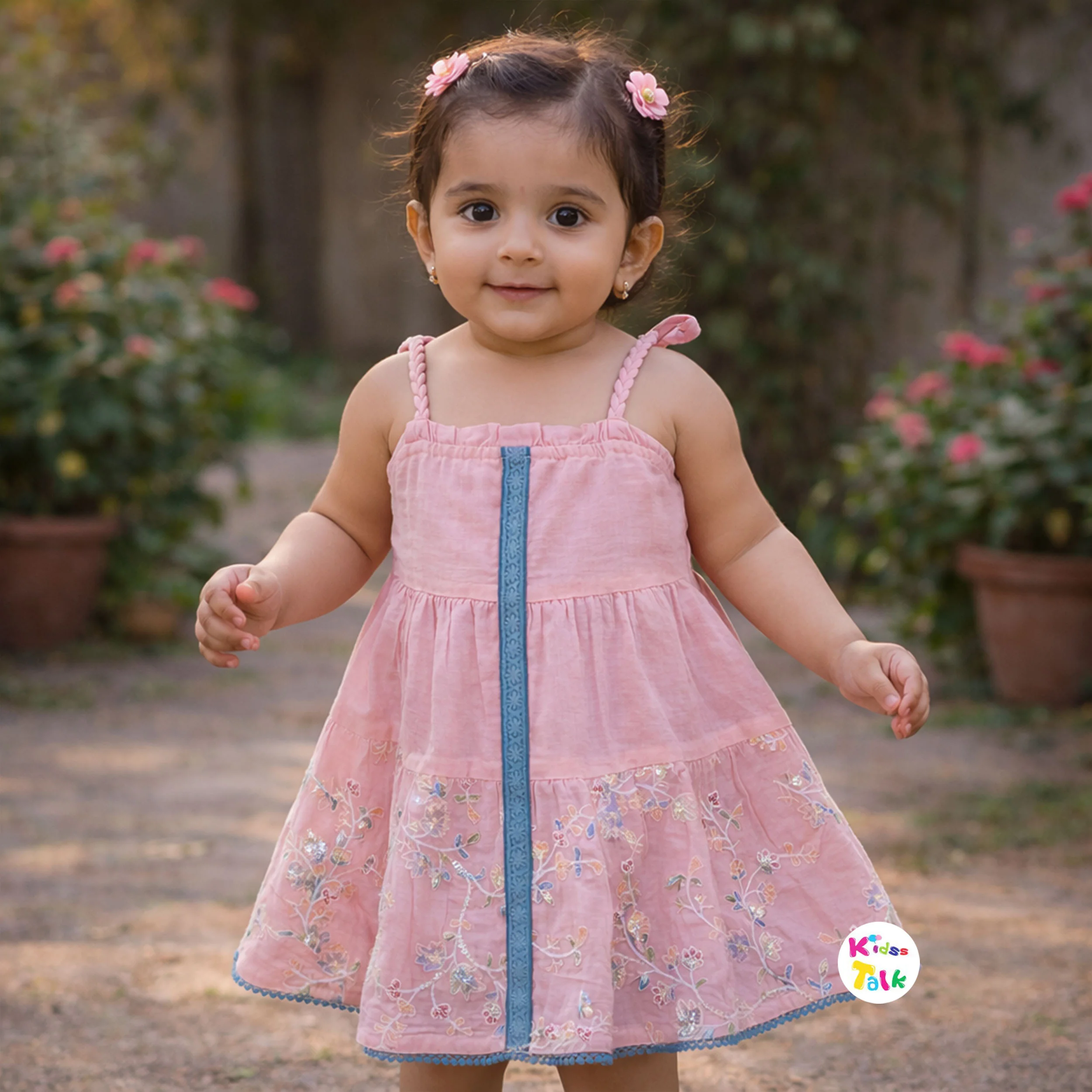 Cotton Sleeveless Frock With Cute Embroidered - Baby Pink