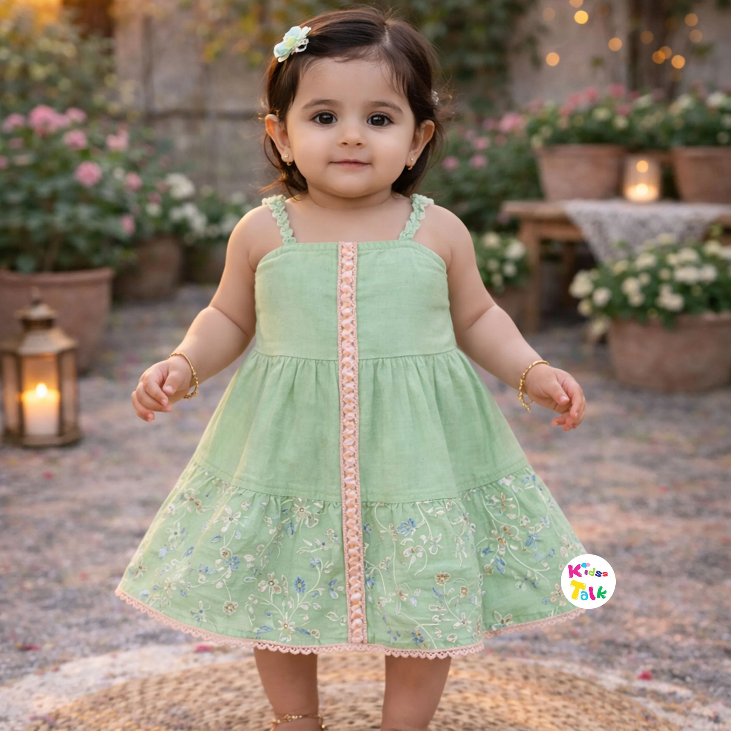 Cotton Sleeveless Frock With Cute Embroidered - Mint Green