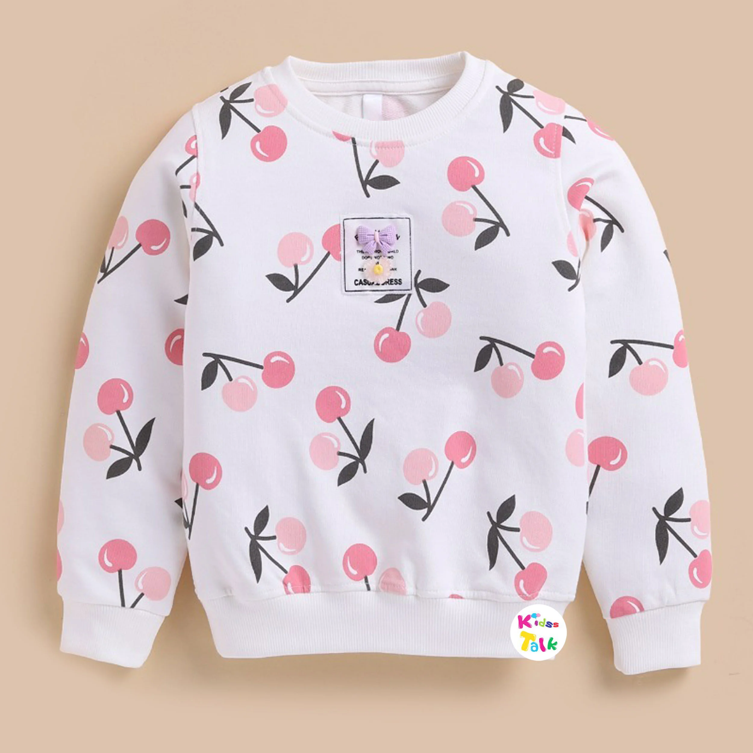 Cute Cotton Knitted Full Sleeve Printed Tees - White