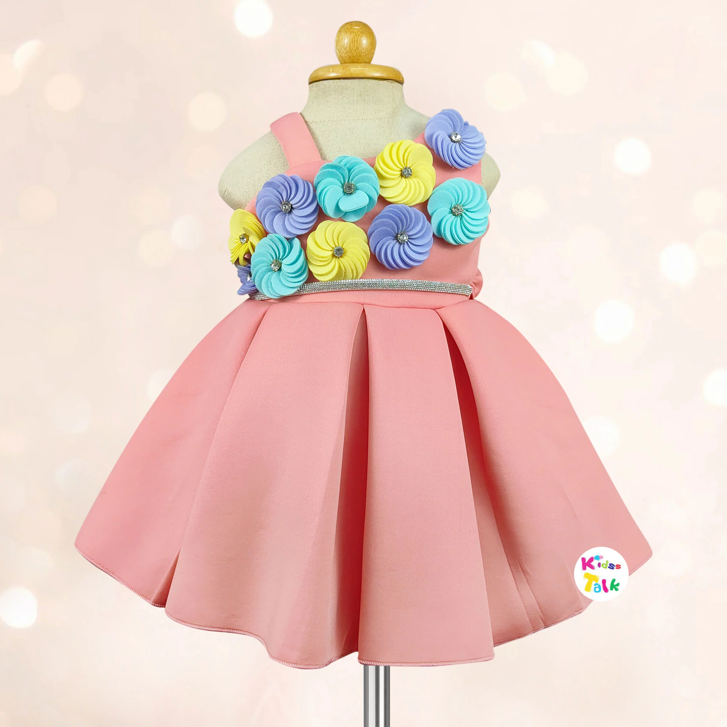 Trendy Scuba Sleeveless Frock With Flower Applique - Peach