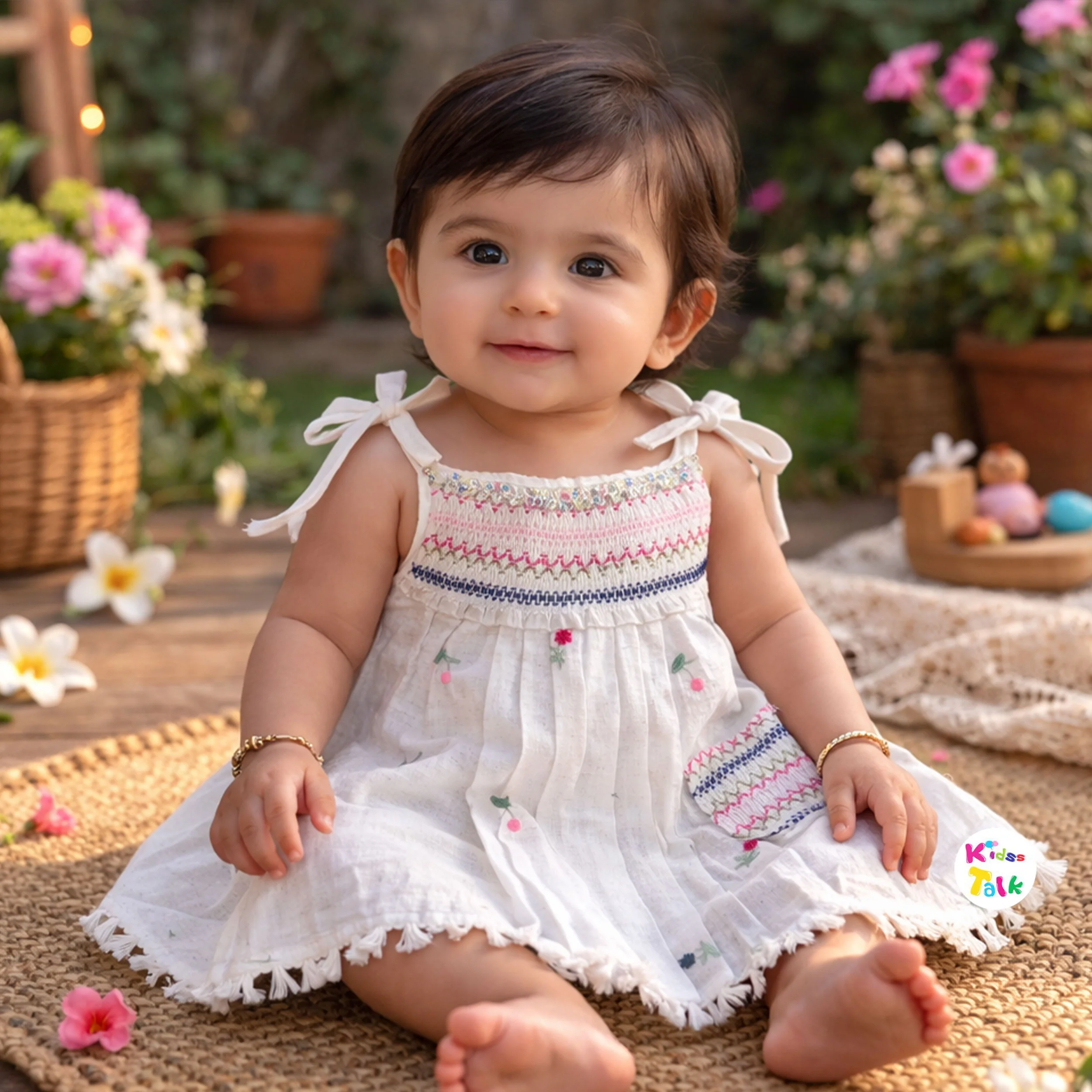 Cotton Sleeveless Frock With Cute Embroidered - Cream