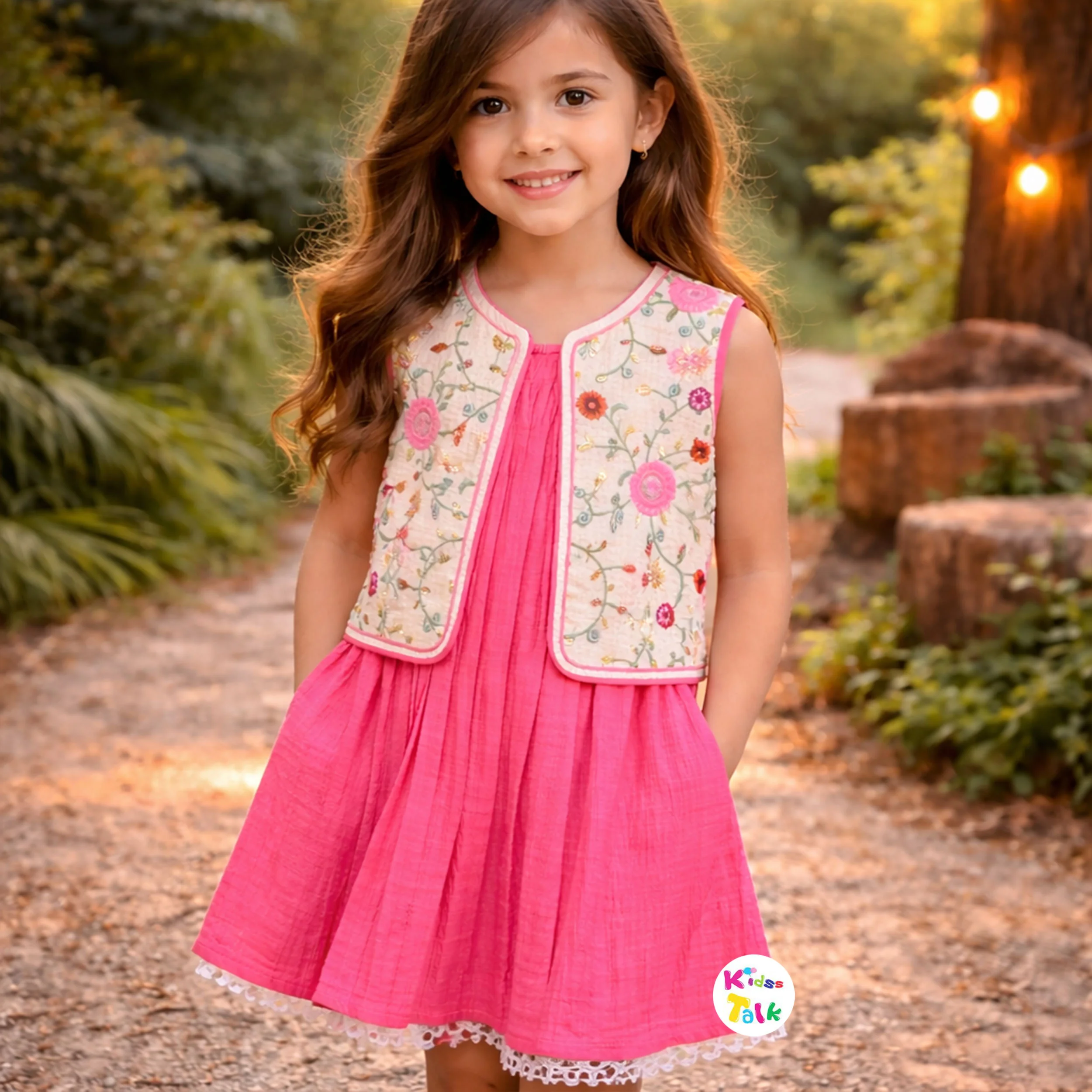 Cotton Sleeveless Frock With Cute Embroidered - Baby Pink