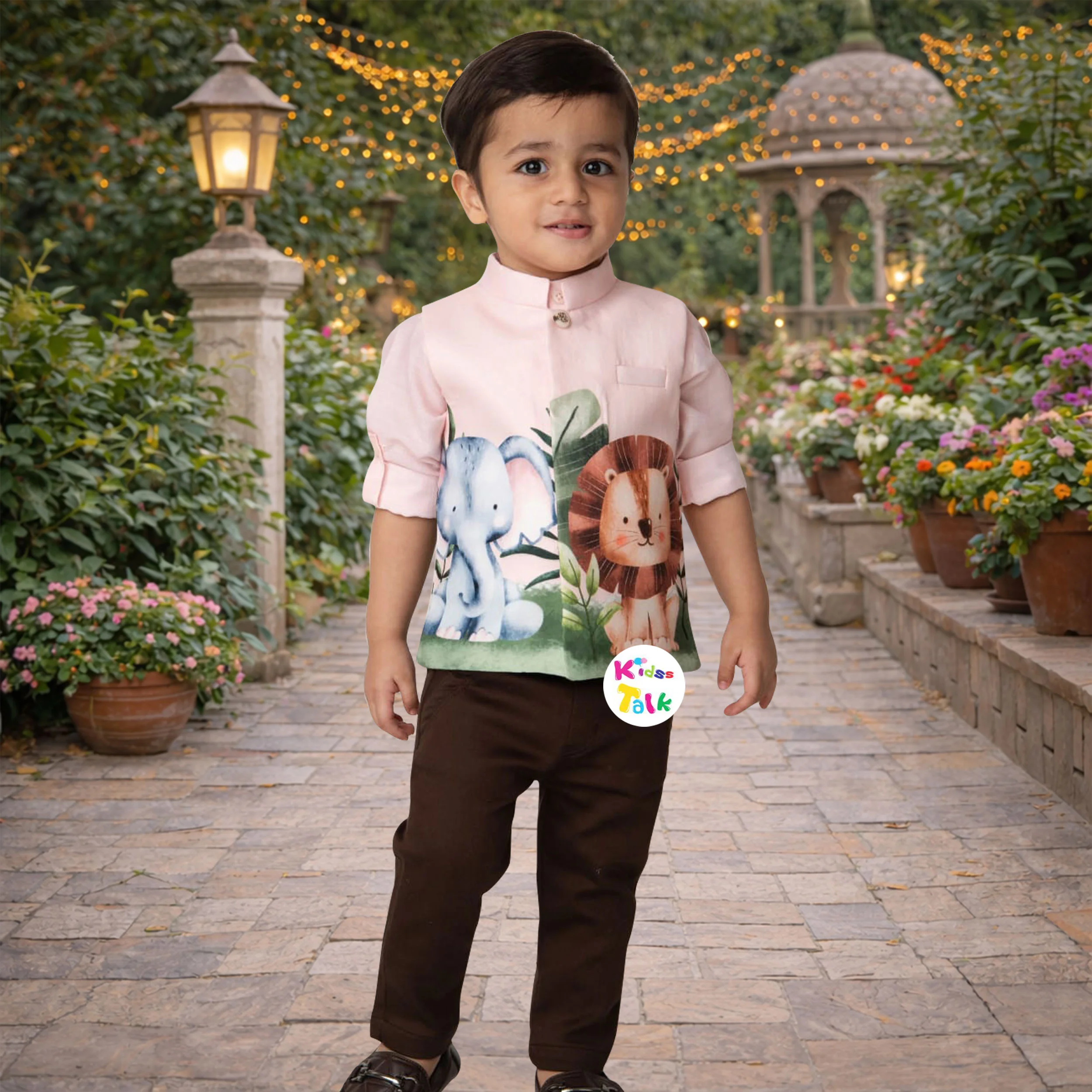 Cotton Full Sleeve Cute Printed Jacket Set - Peach