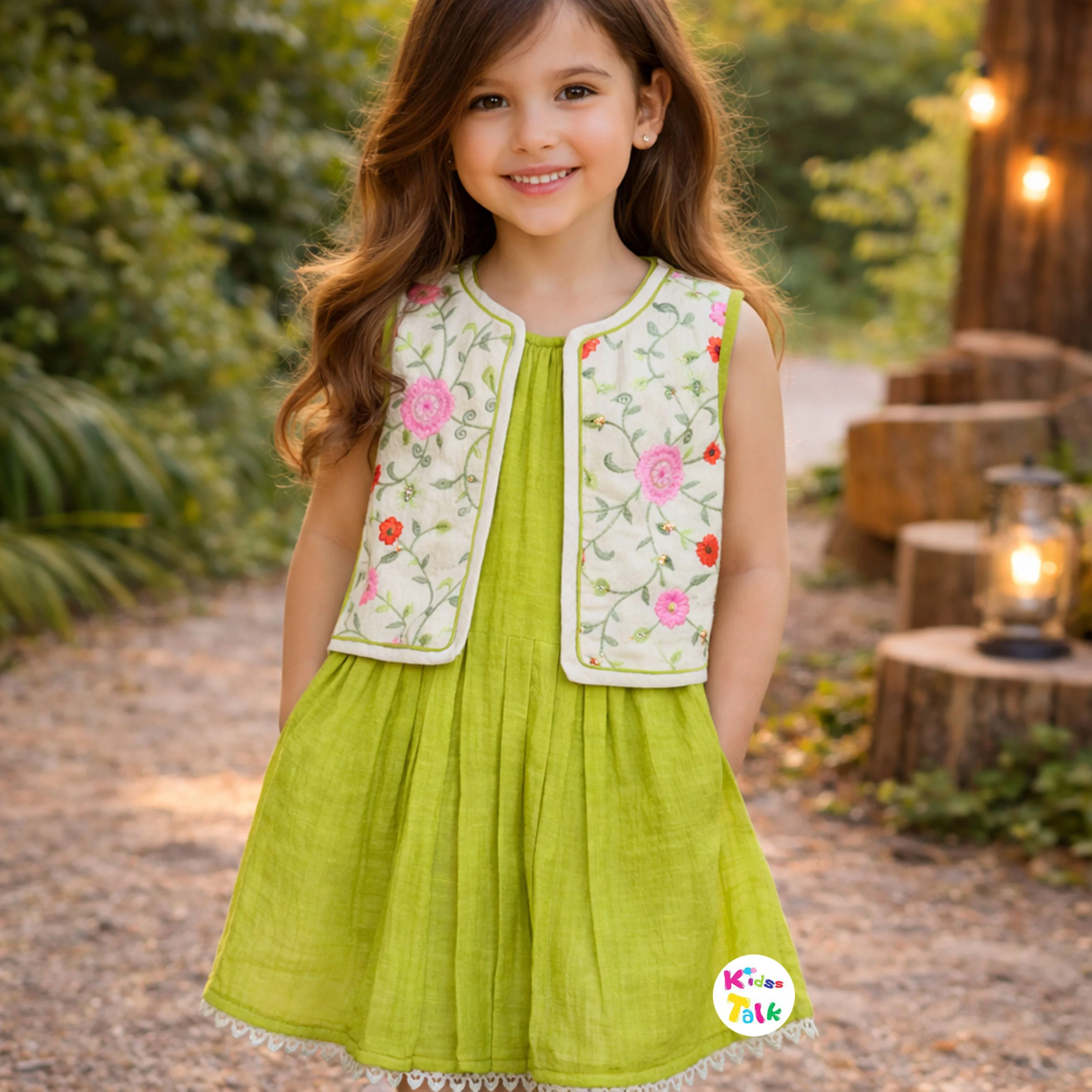 Cotton Sleeveless Frock With Cute Embroidered - Pista Green