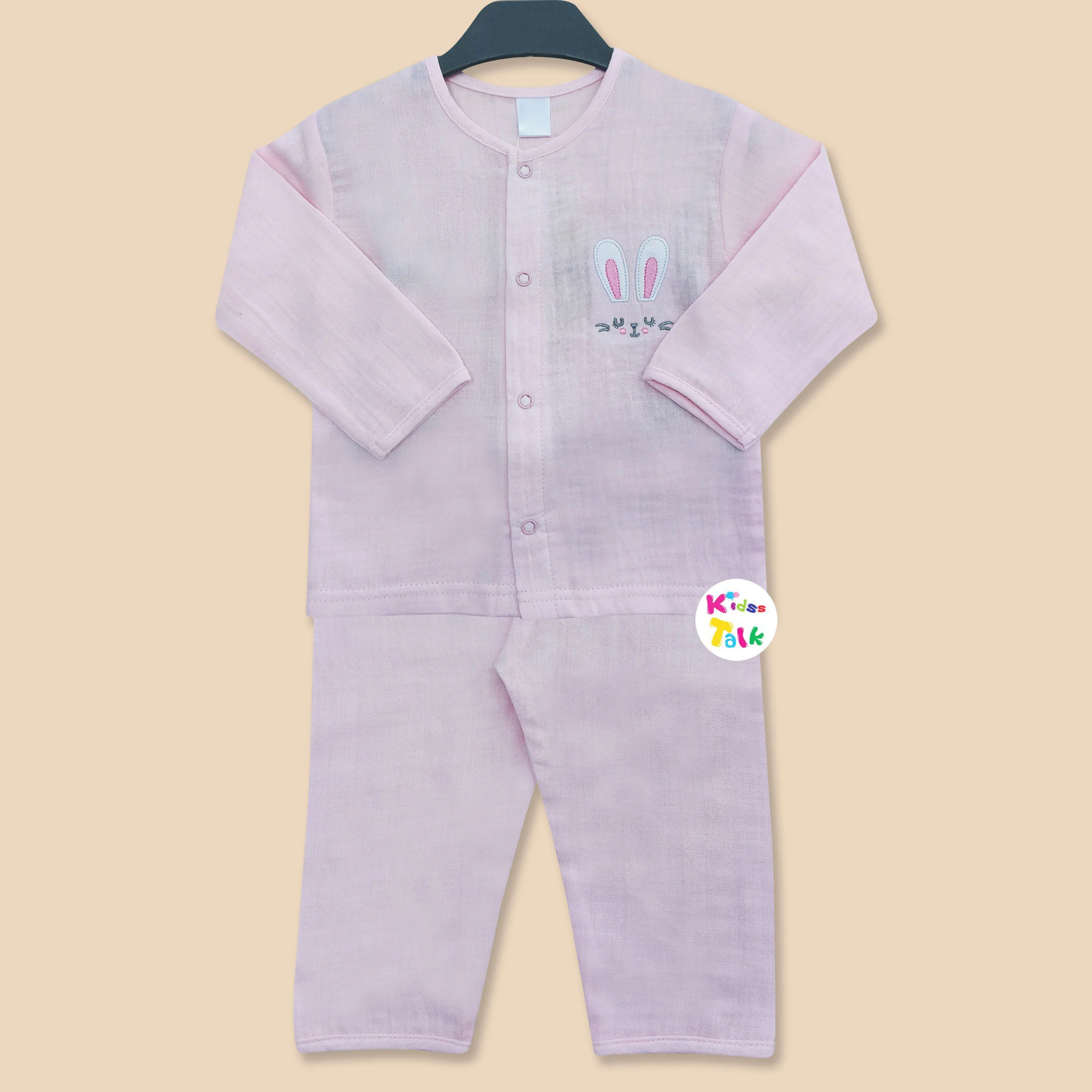 Muslin Full Sleeve Night Suit With Cute Printed - Baby Pink