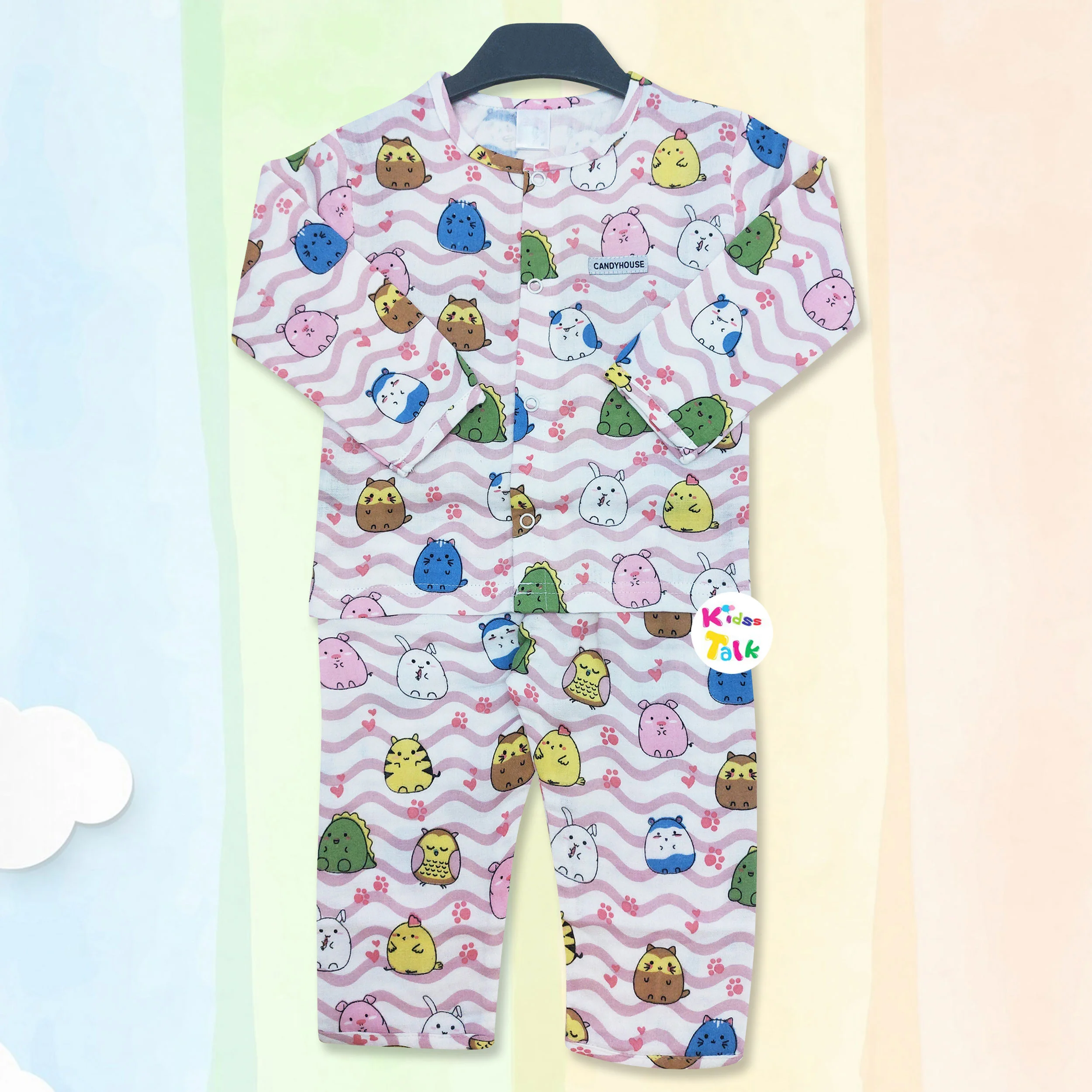 Cotton Full Sleeve Night Suit With Cute Printed - Baby Pink