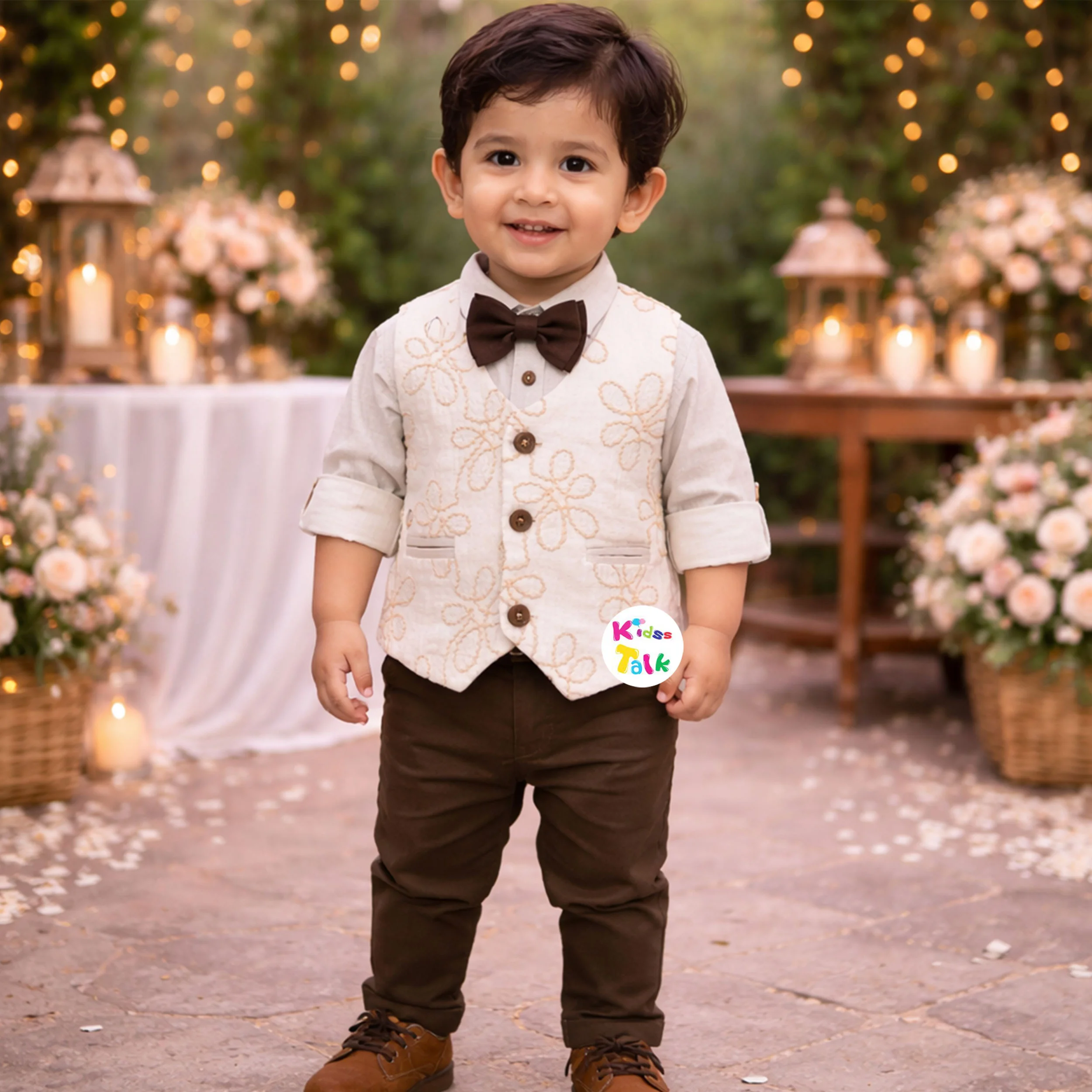 Cotton Full Sleeve Shirt With Cute Printed Jacket & Full Pant - Beige