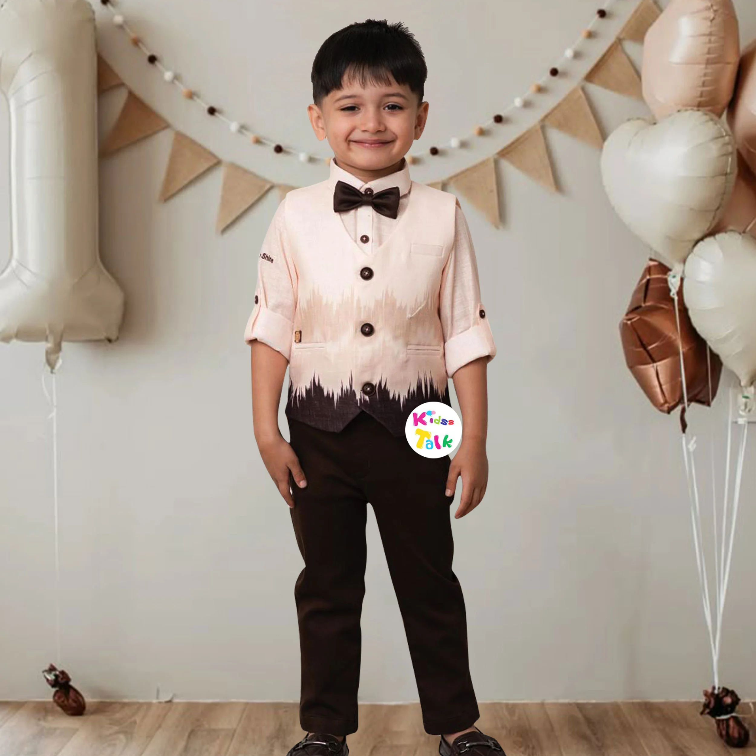 Cotton Full Sleeve Shirt With Cute Printed Jacket & Full Pant - Brown