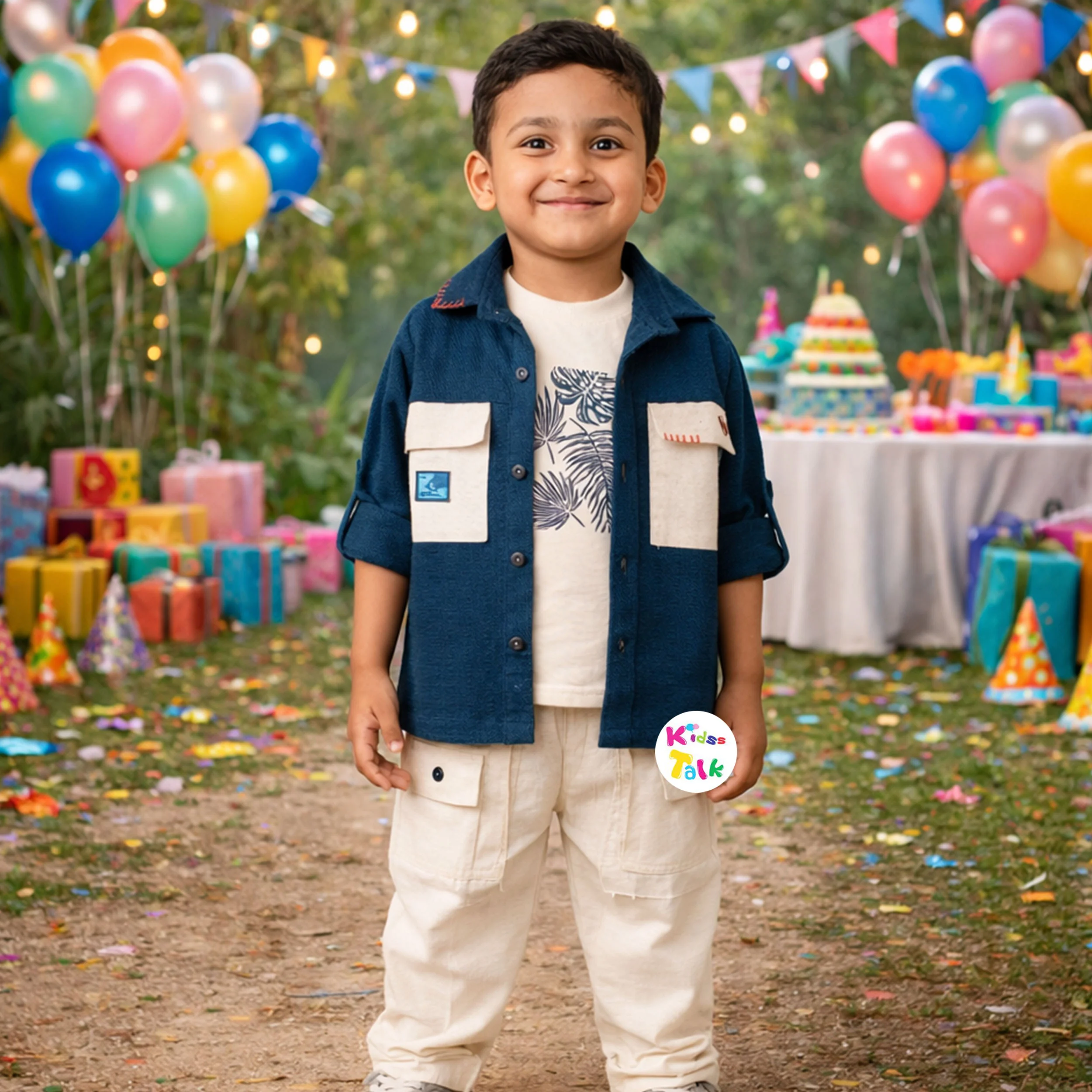 Cotton Full Sleeve Shirt With Cute Embroidered Jacket & Full Pant - Teal Blue